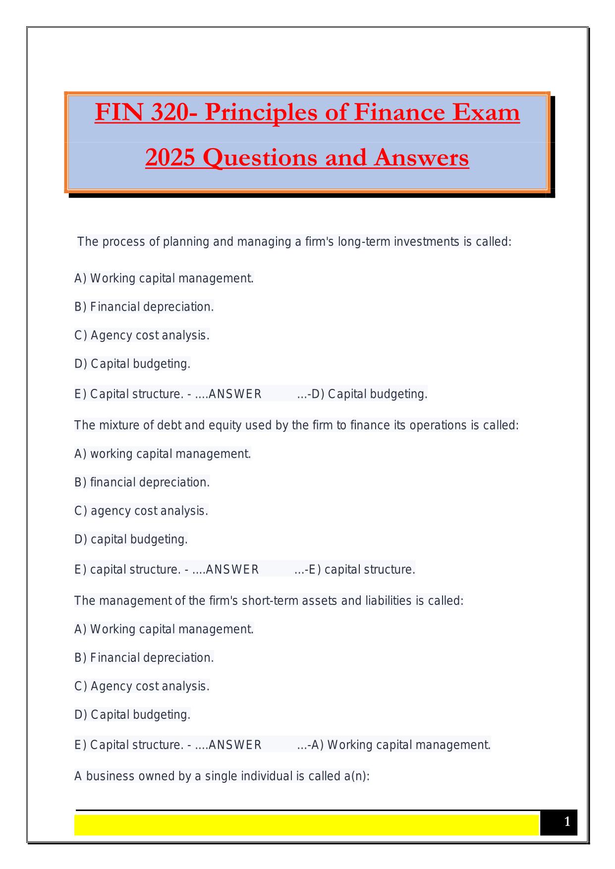 FIN 320- Principles of Finance Exam 2025 Questions and Answers
