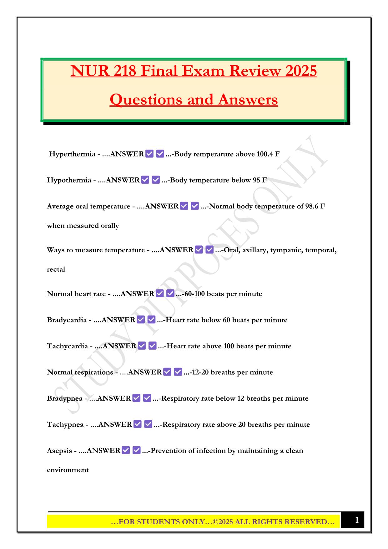 NUR 218 Final Exam Review 2025 Questions and Answers