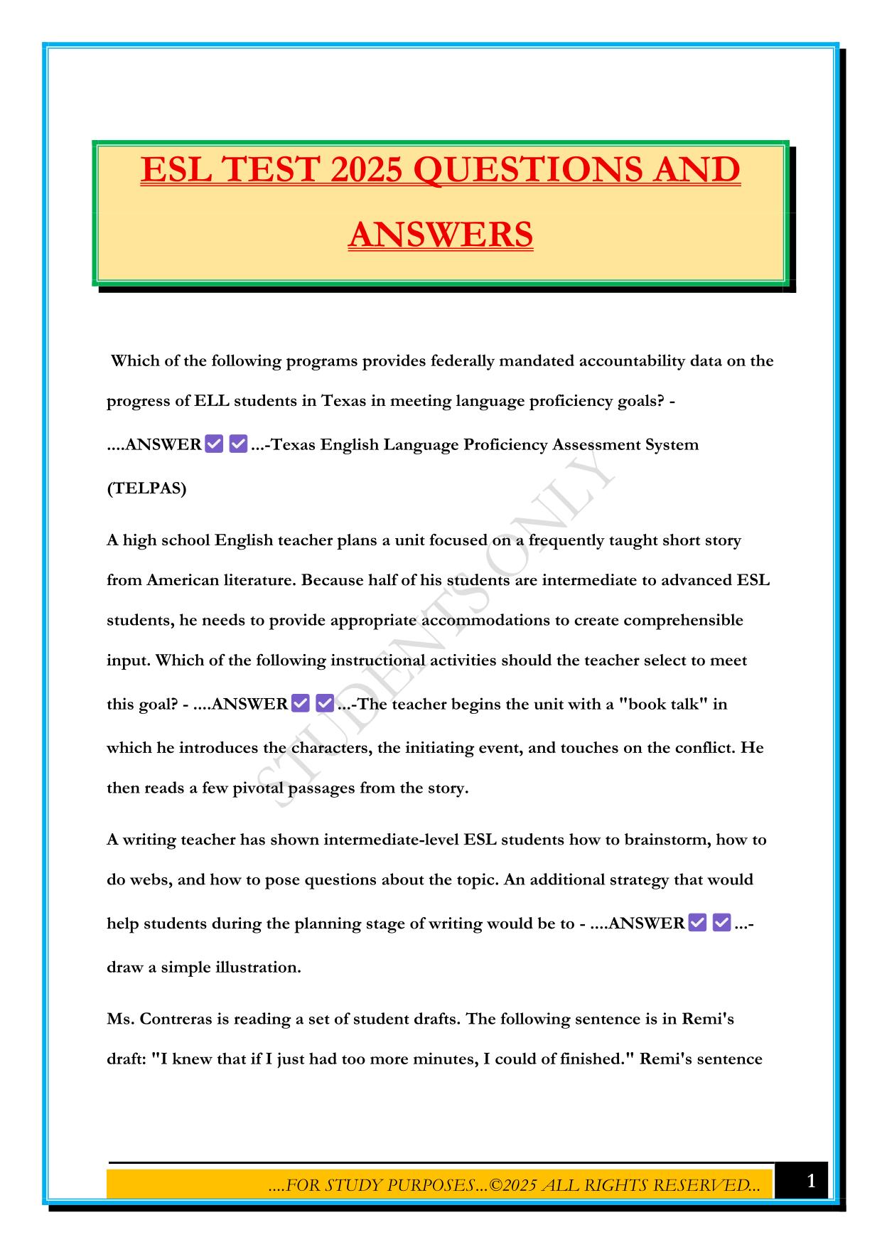 ESL TEST 2025 QUESTIONS AND ANSWERS