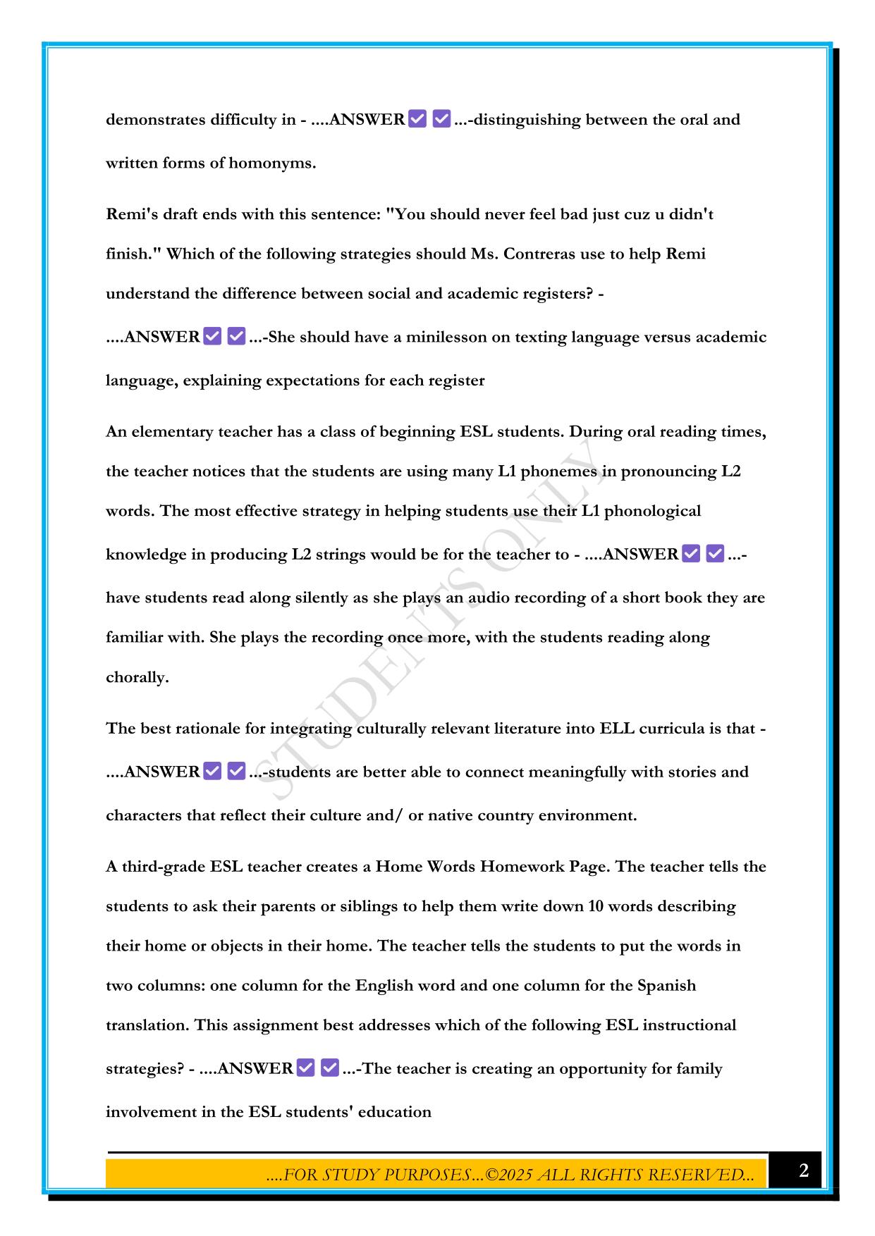 ESL TEST 2025 QUESTIONS AND ANSWERS