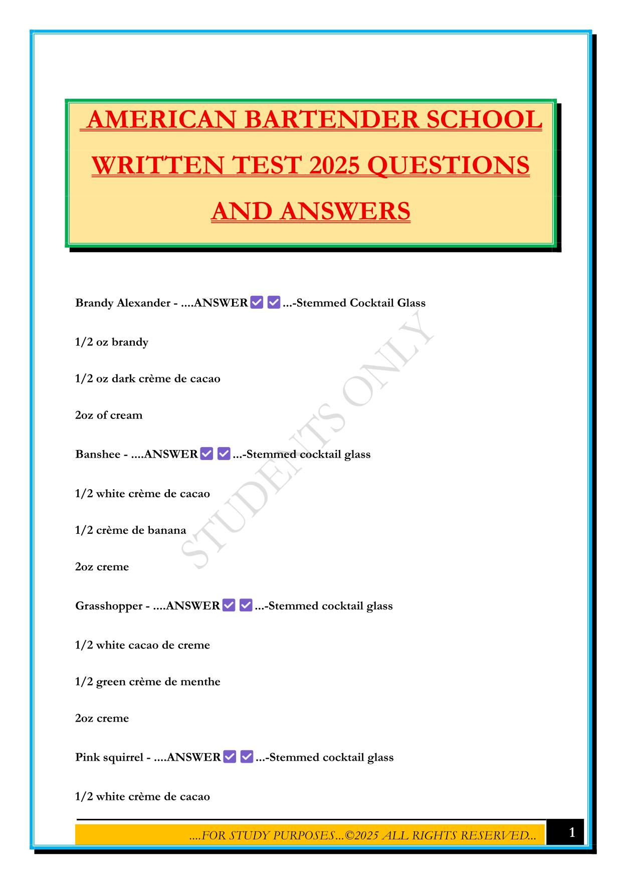 AMERICAN BARTENDER SCHOOL WRITTEN TEST 2025 QUESTIONS AND ANSWERS