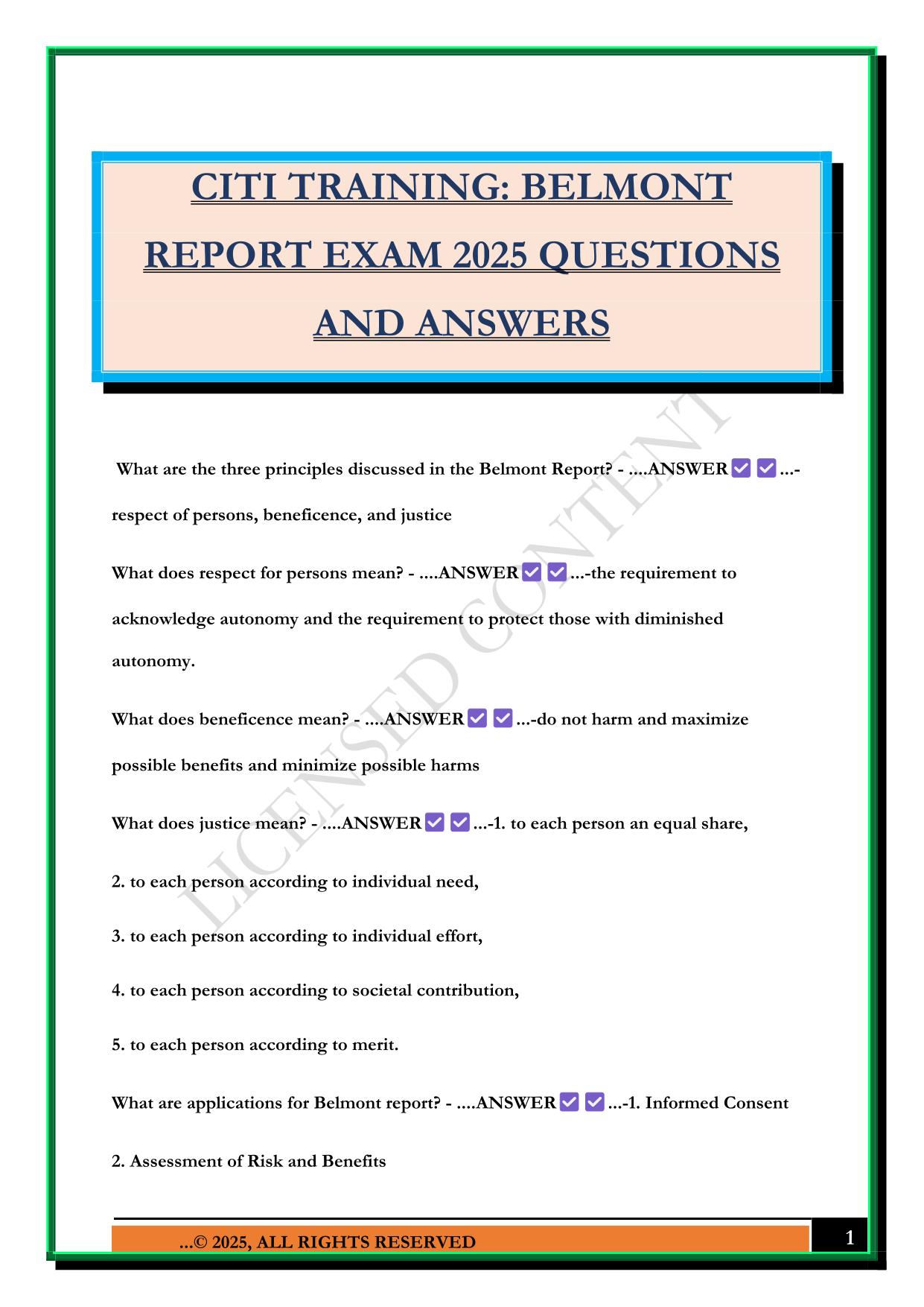 CITI TRAINING: BELMONT REPORT EXAM 2025 QUESTIONS AND ANSWERS