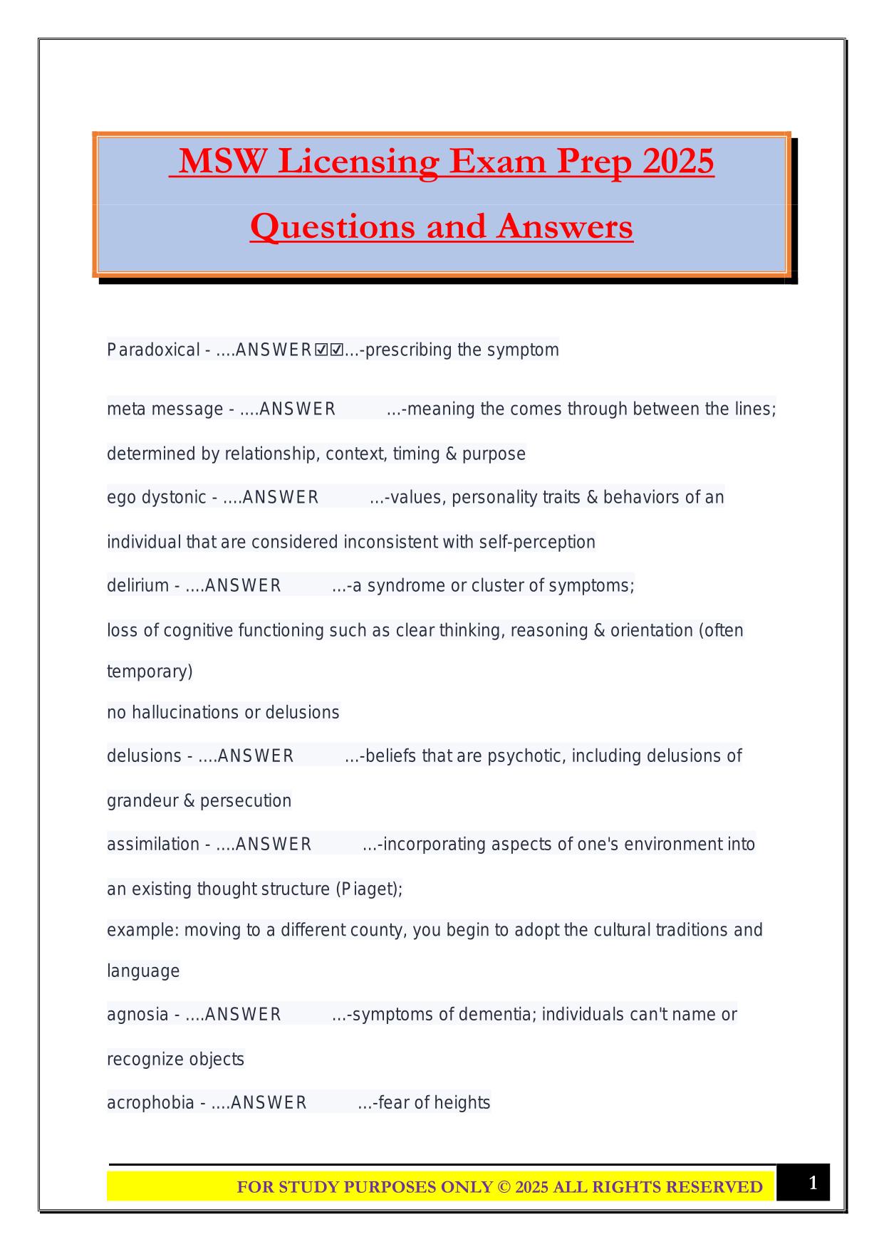 MSW Licensing Exam Prep 2025 Questions and Answers