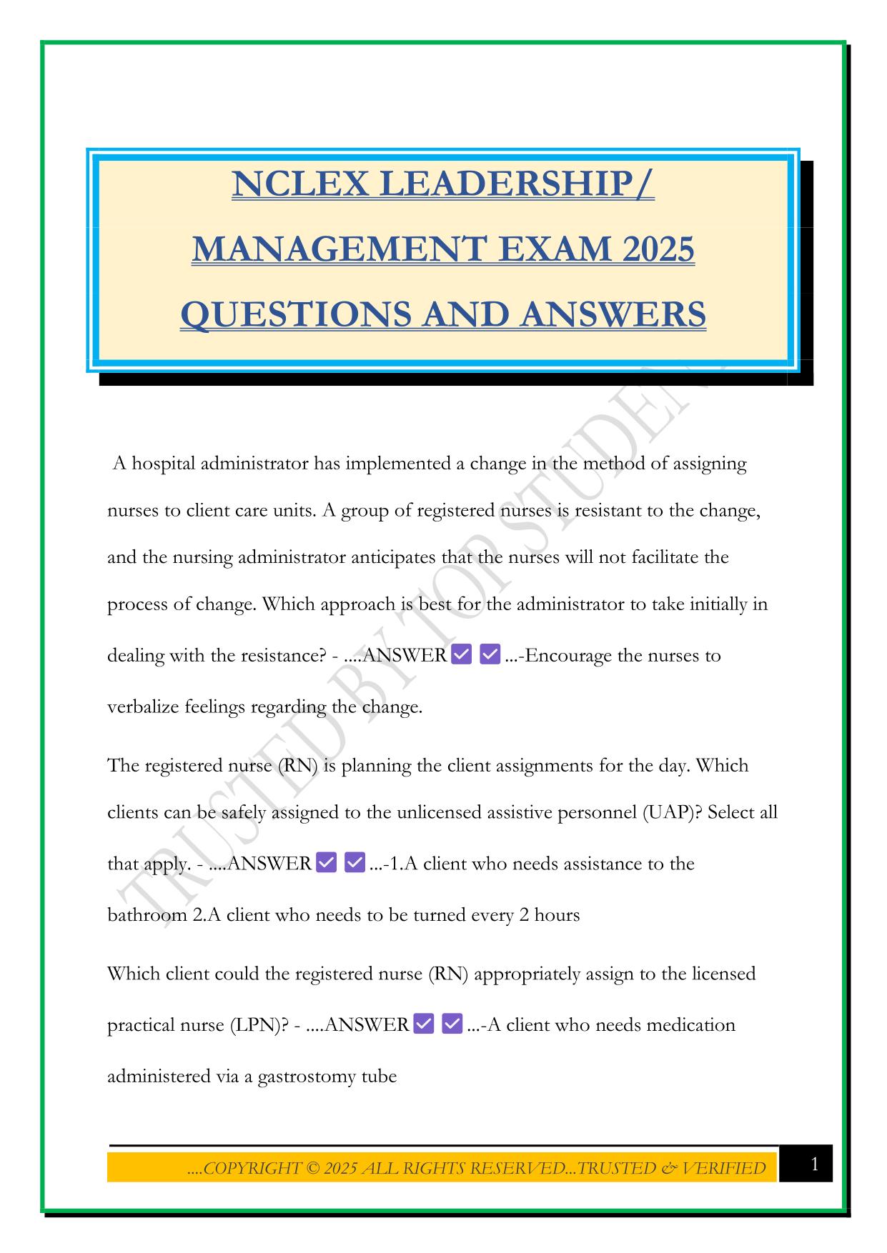 NCLEX LEADERSHIP/ MANAGEMENT EXAM 2025 QUESTIONS AND ANSWERS