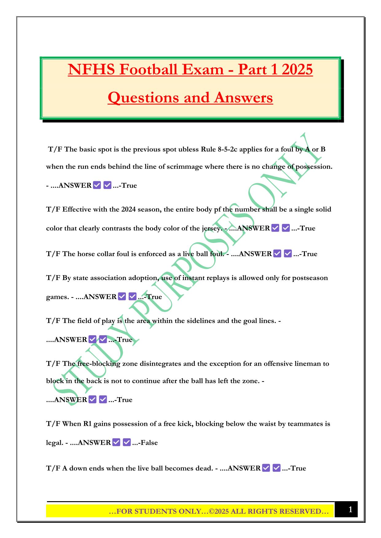 NFHS Football Exam - Part 1 2025 Questions and Answers