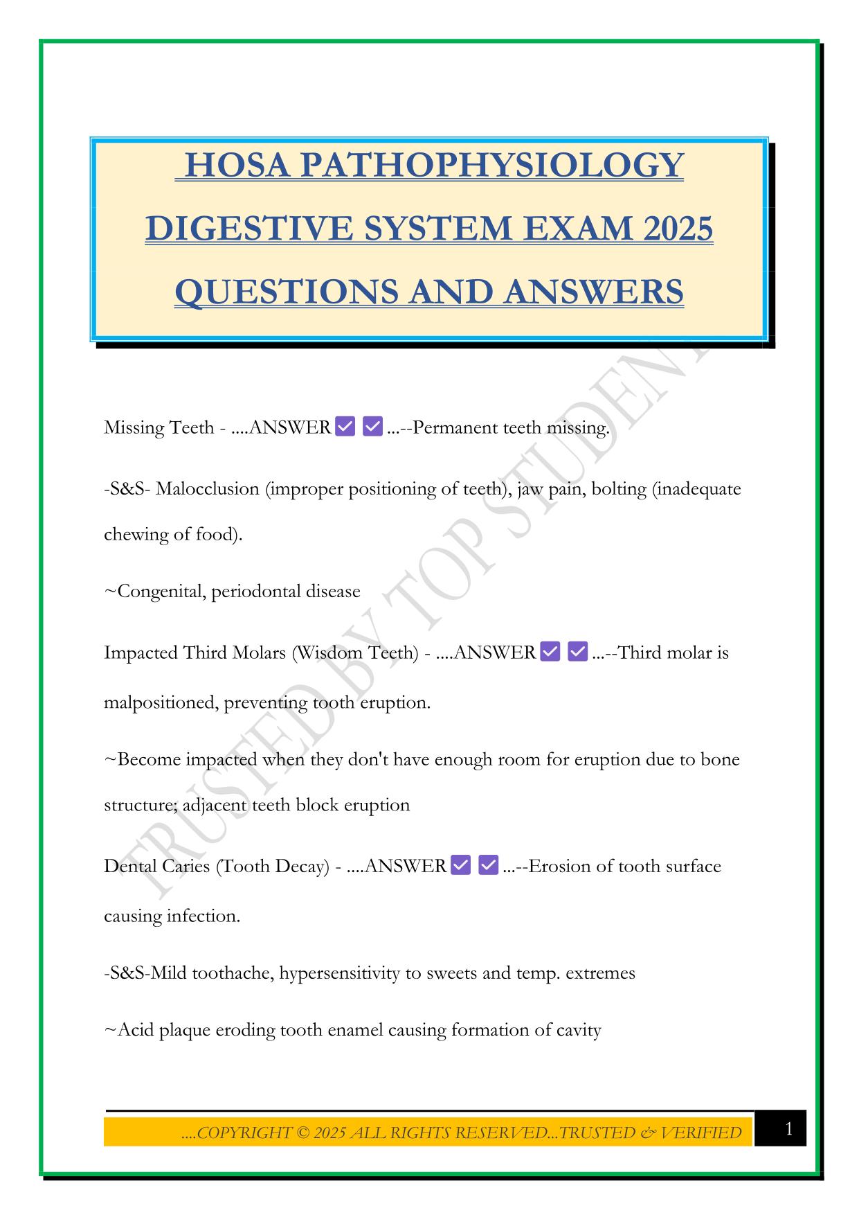 HOSA PATHOPHYSIOLOGY DIGESTIVE SYSTEM EXAM 2025 QUESTIONS AND ANSWERS