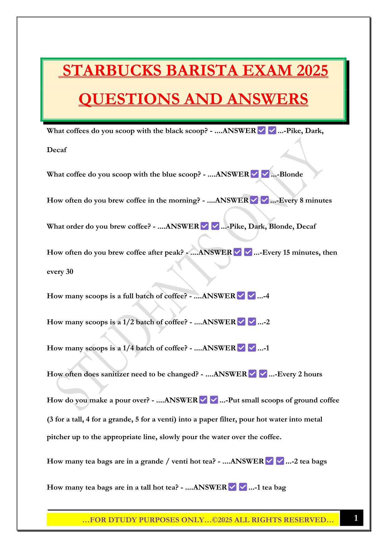 STARBUCKS BARISTA EXAM 2025 QUESTIONS AND ANSWERS