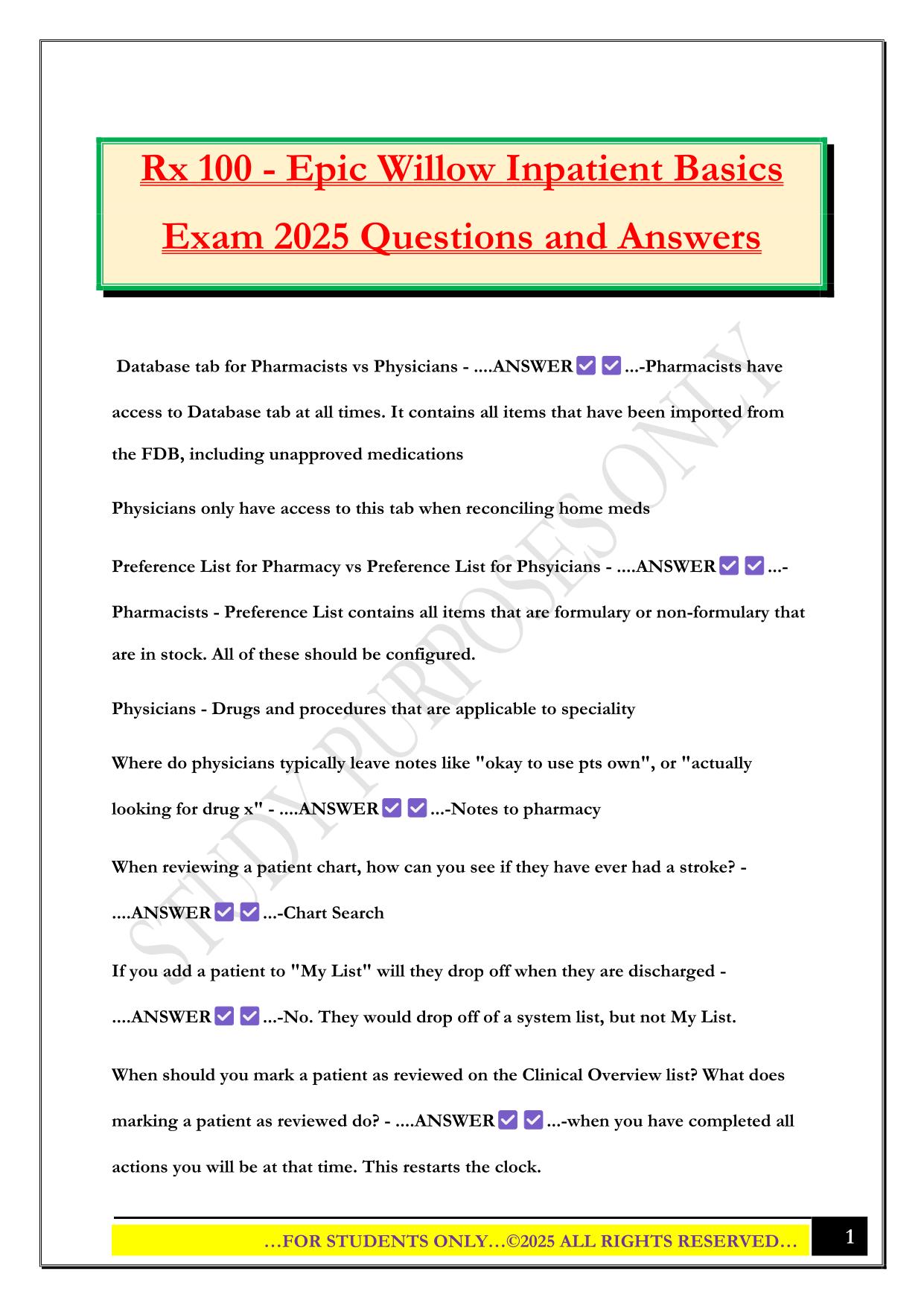 Rx 100 - Epic Willow Inpatient Basics Exam 2025 Questions and Answers