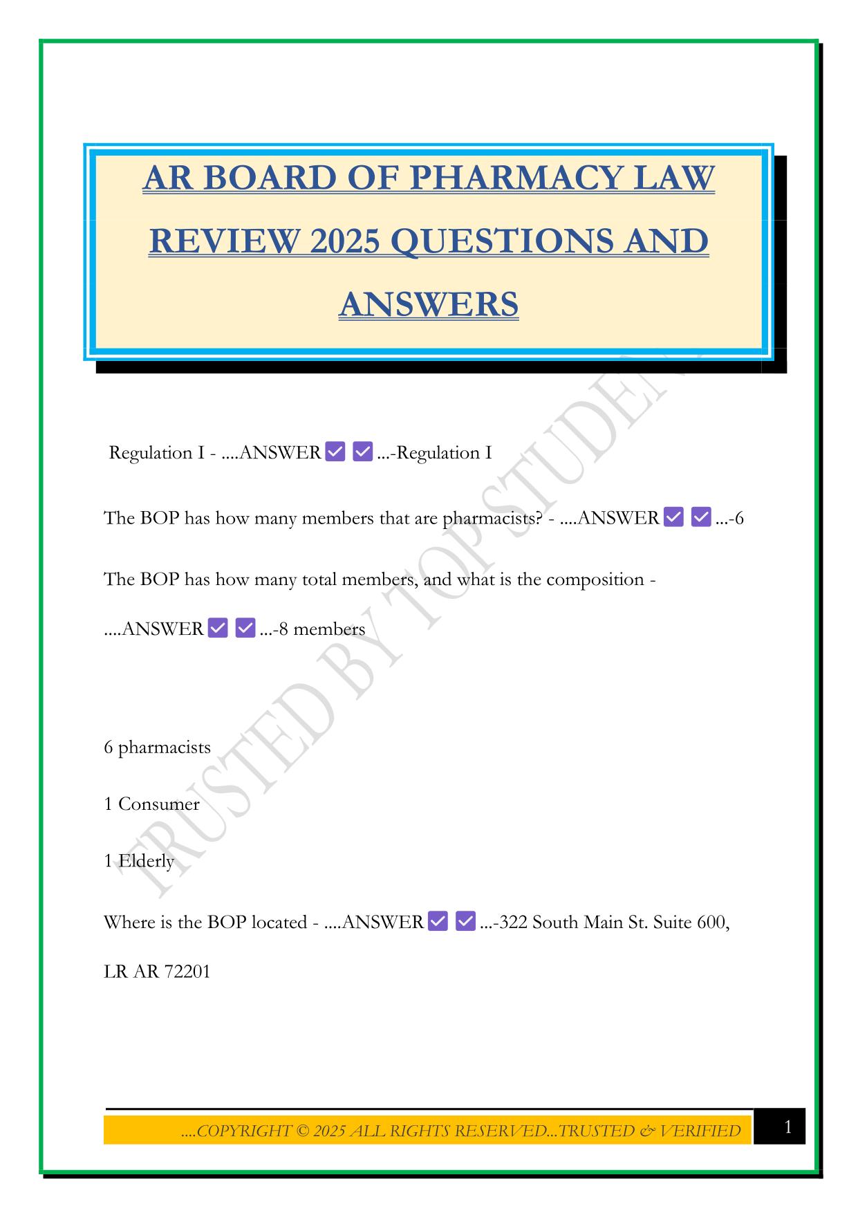 AR BOARD OF PHARMACY LAW REVIEW 2025 QUESTIONS AND ANSWERS