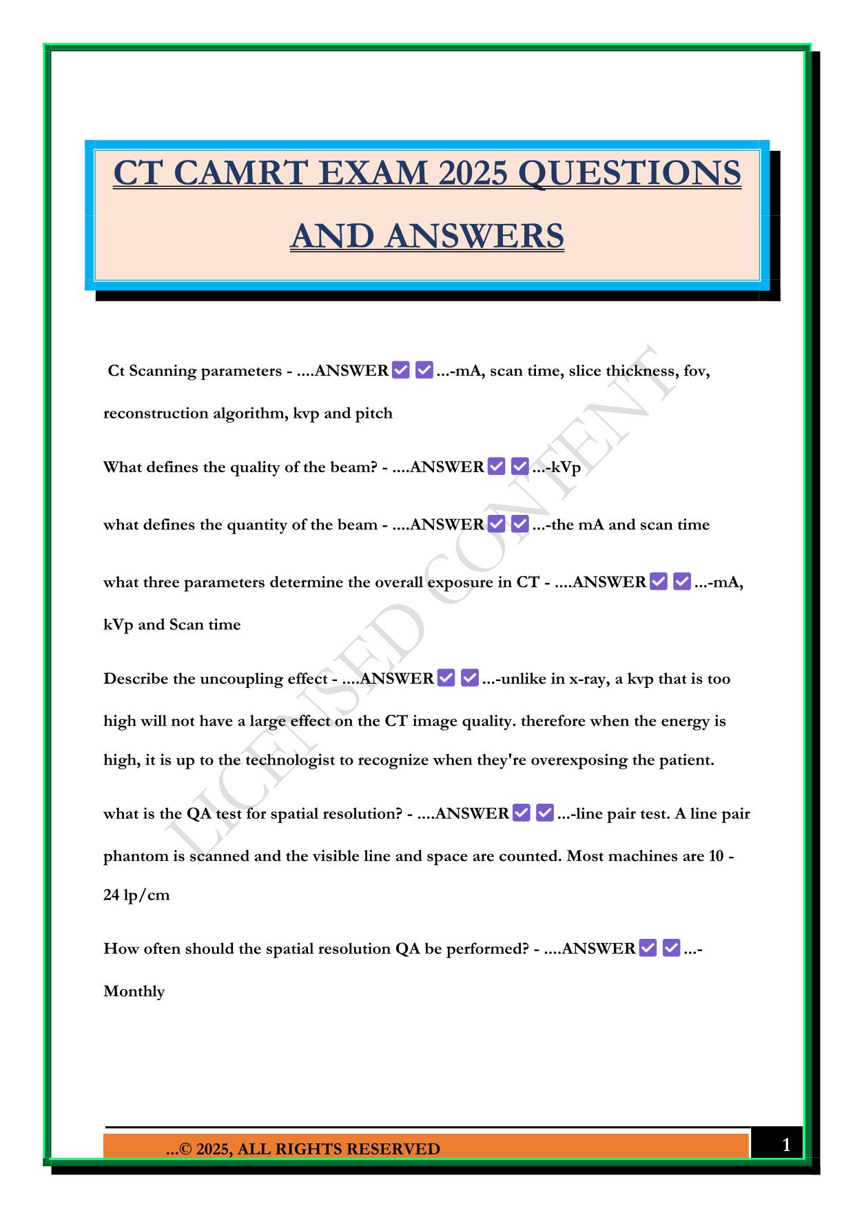 CT CAMRT EXAM 2025 QUESTIONS AND ANSWERS