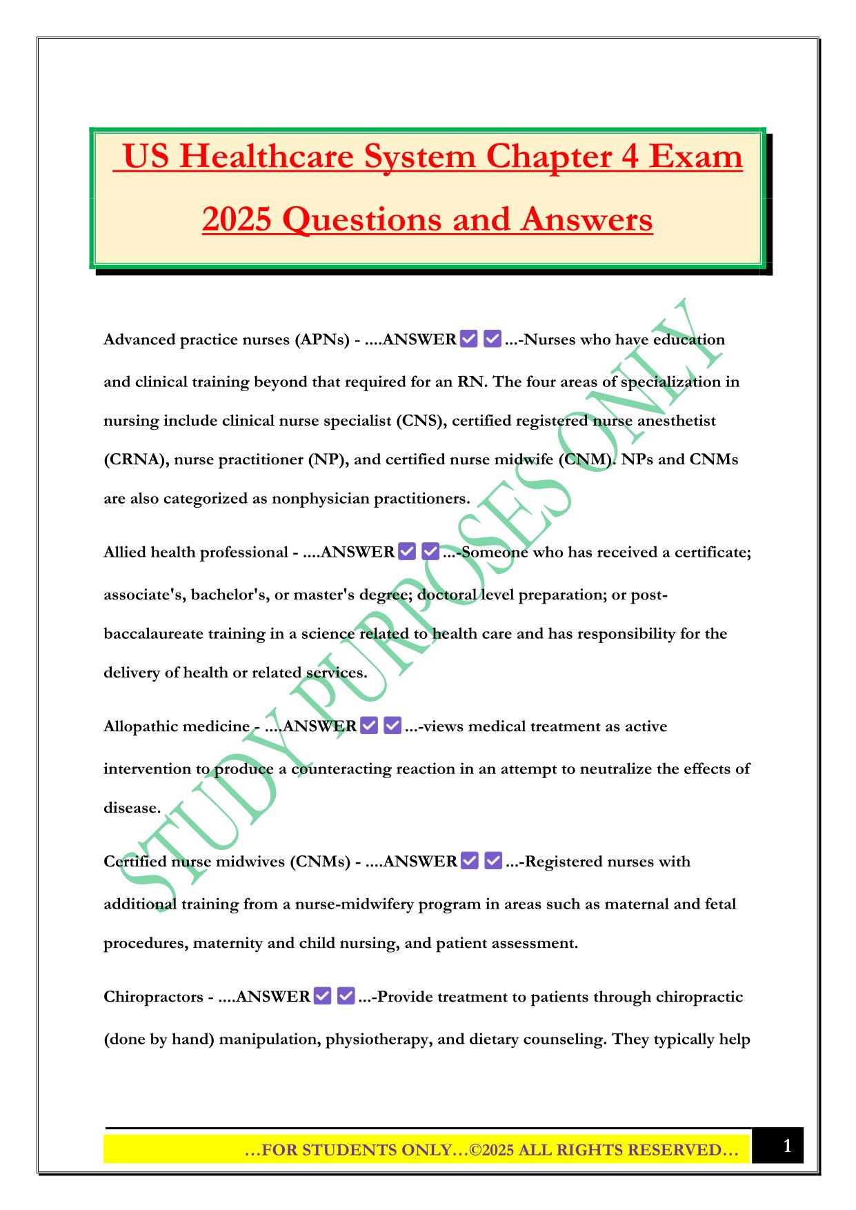 US Healthcare System Chapter 4 Exam 2025 Questions and Answers