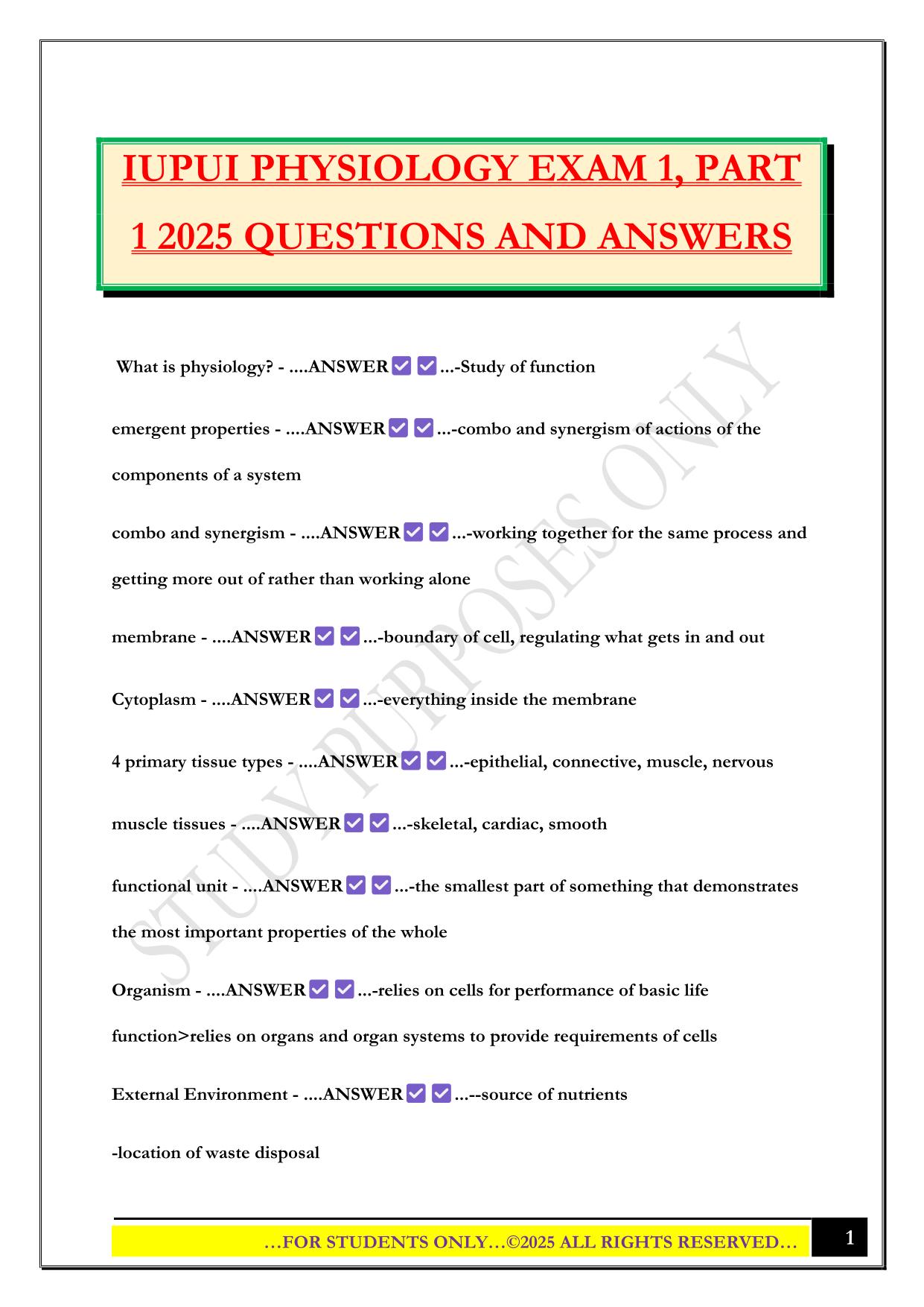 IUPUI PHYSIOLOGY EXAM 1, PART 1 2025 QUESTIONS AND ANSWERS
