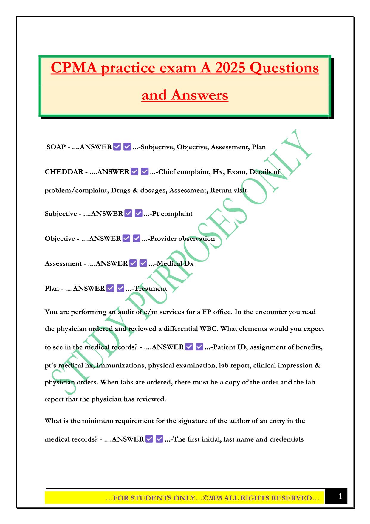 CPMA practice exam A 2025 Questions and Answers