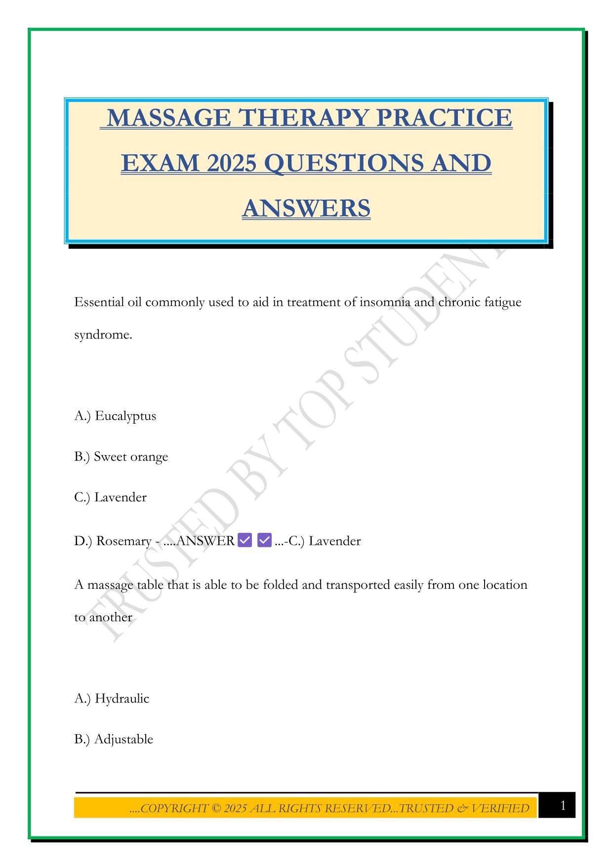 MASSAGE THERAPY PRACTICE EXAM 2025 QUESTIONS AND ANSWERS