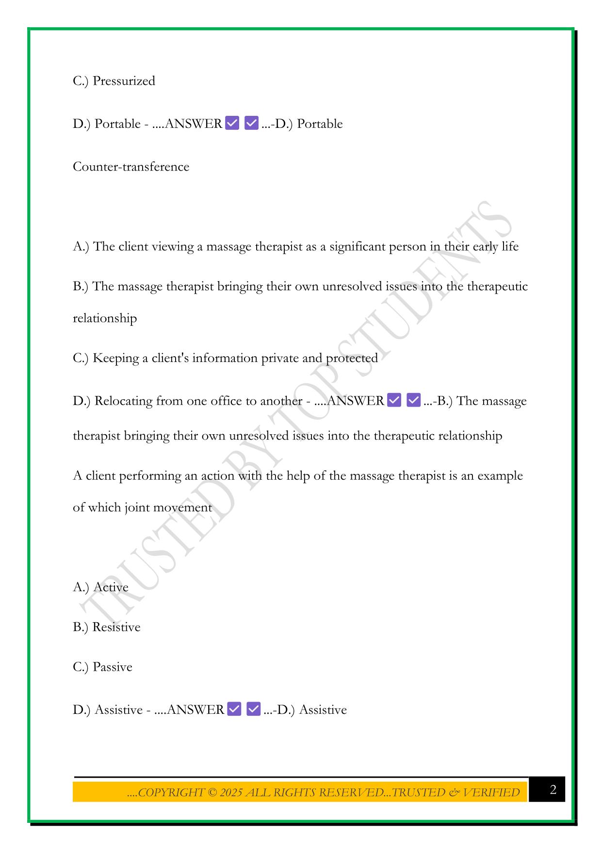 MASSAGE THERAPY PRACTICE EXAM 2025 QUESTIONS AND ANSWERS