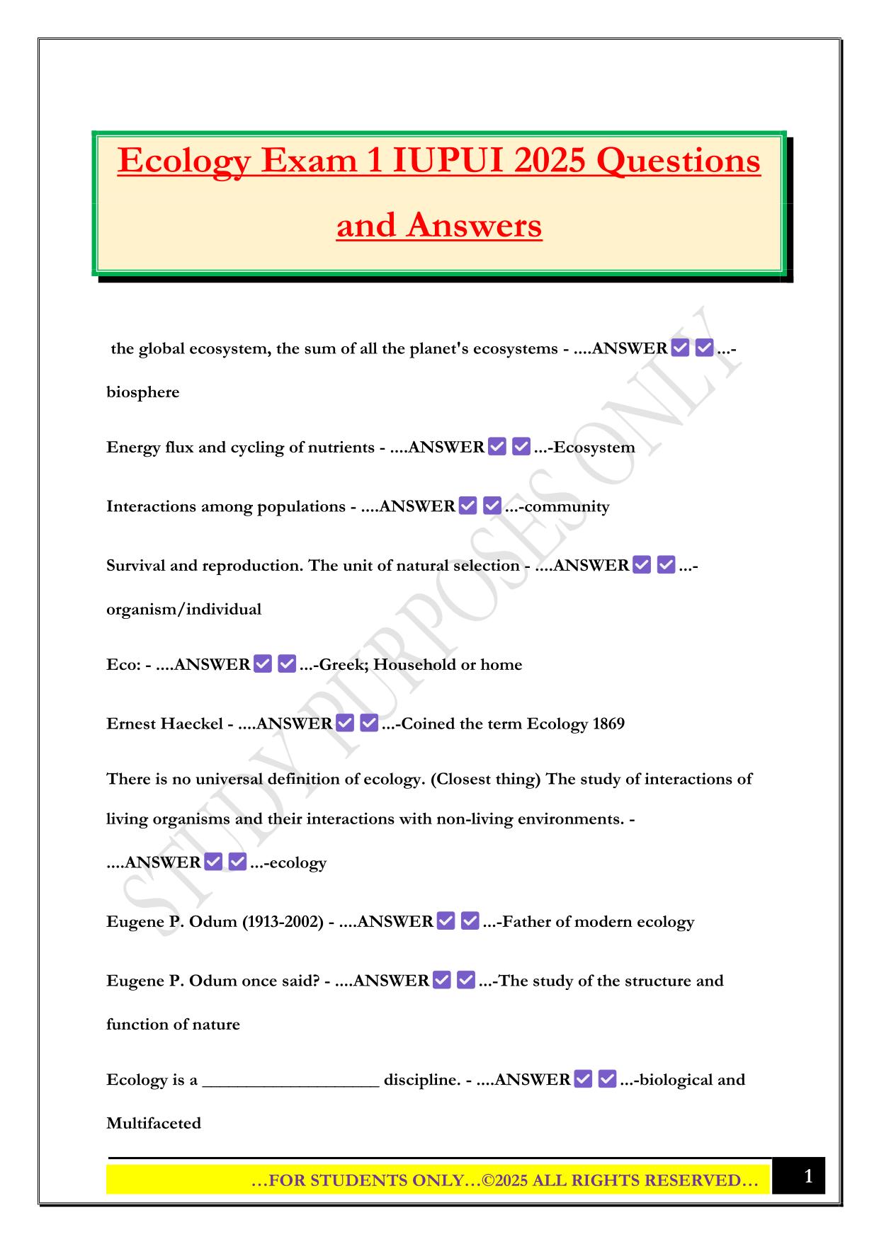 Ecology Exam 1 IUPUI 2025 Questions and Answers