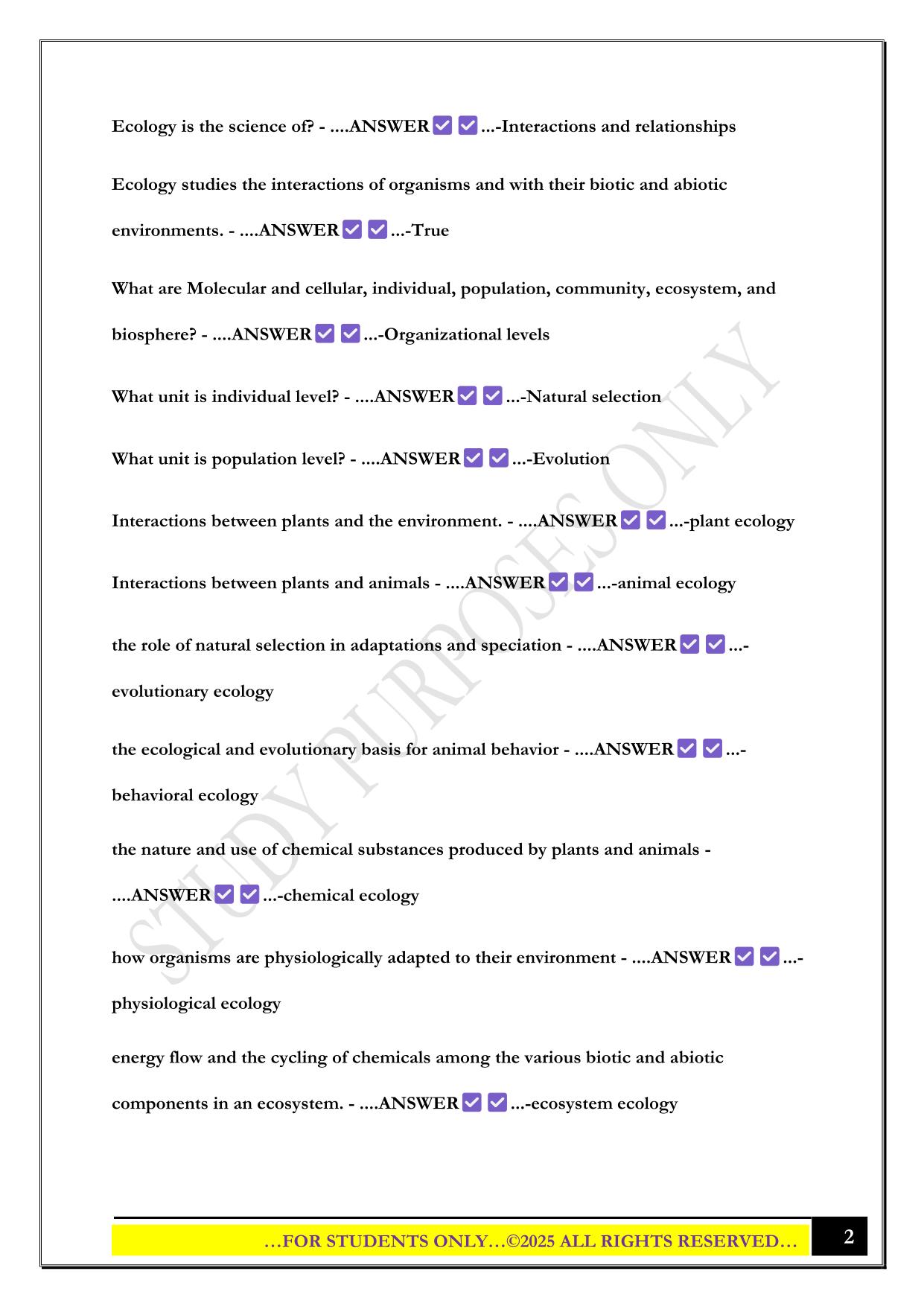 Ecology Exam 1 IUPUI 2025 Questions and Answers