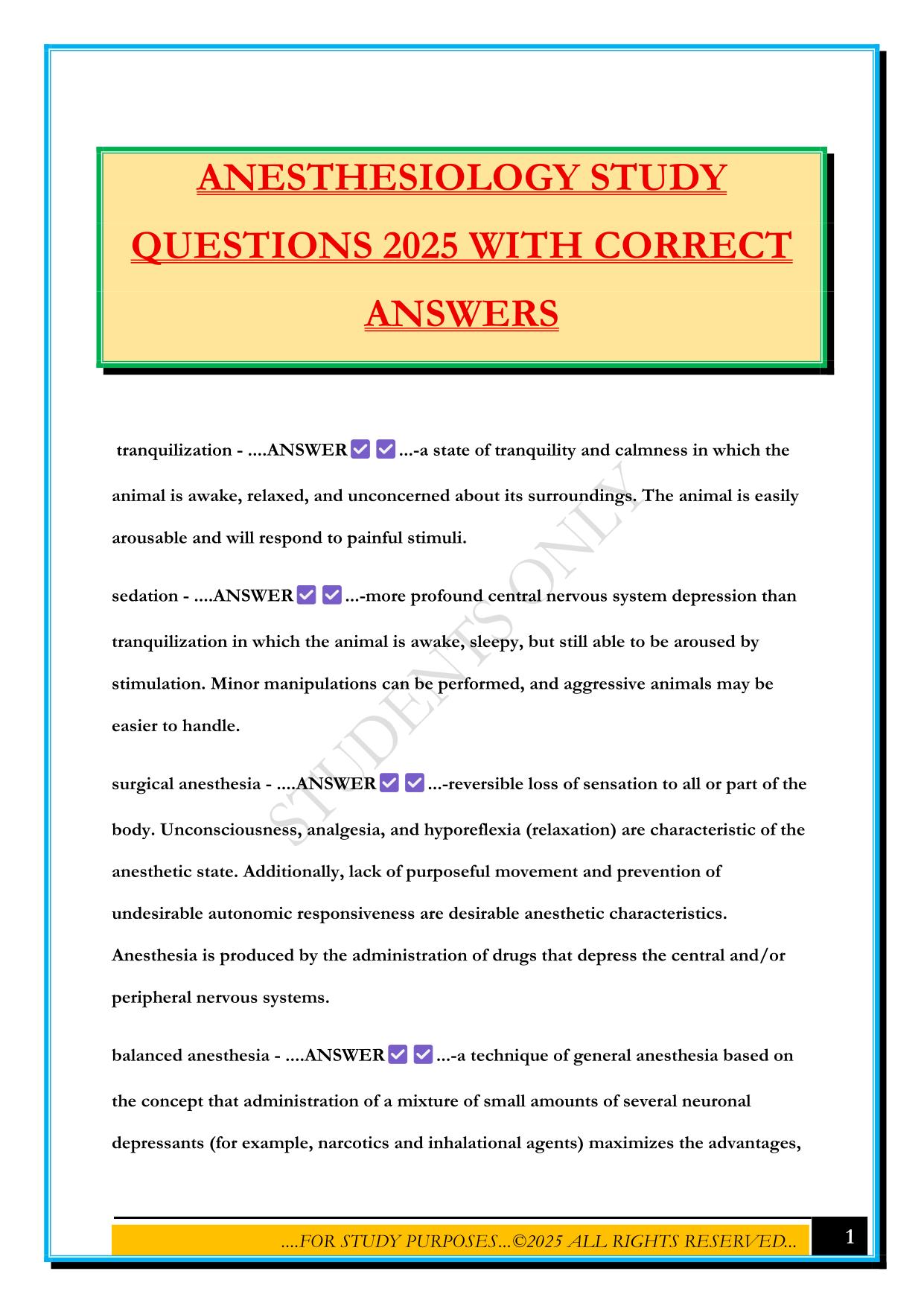 ANESTHESIOLOGY STUDY QUESTIONS 2025 WITH CORRECT ANSWERS
