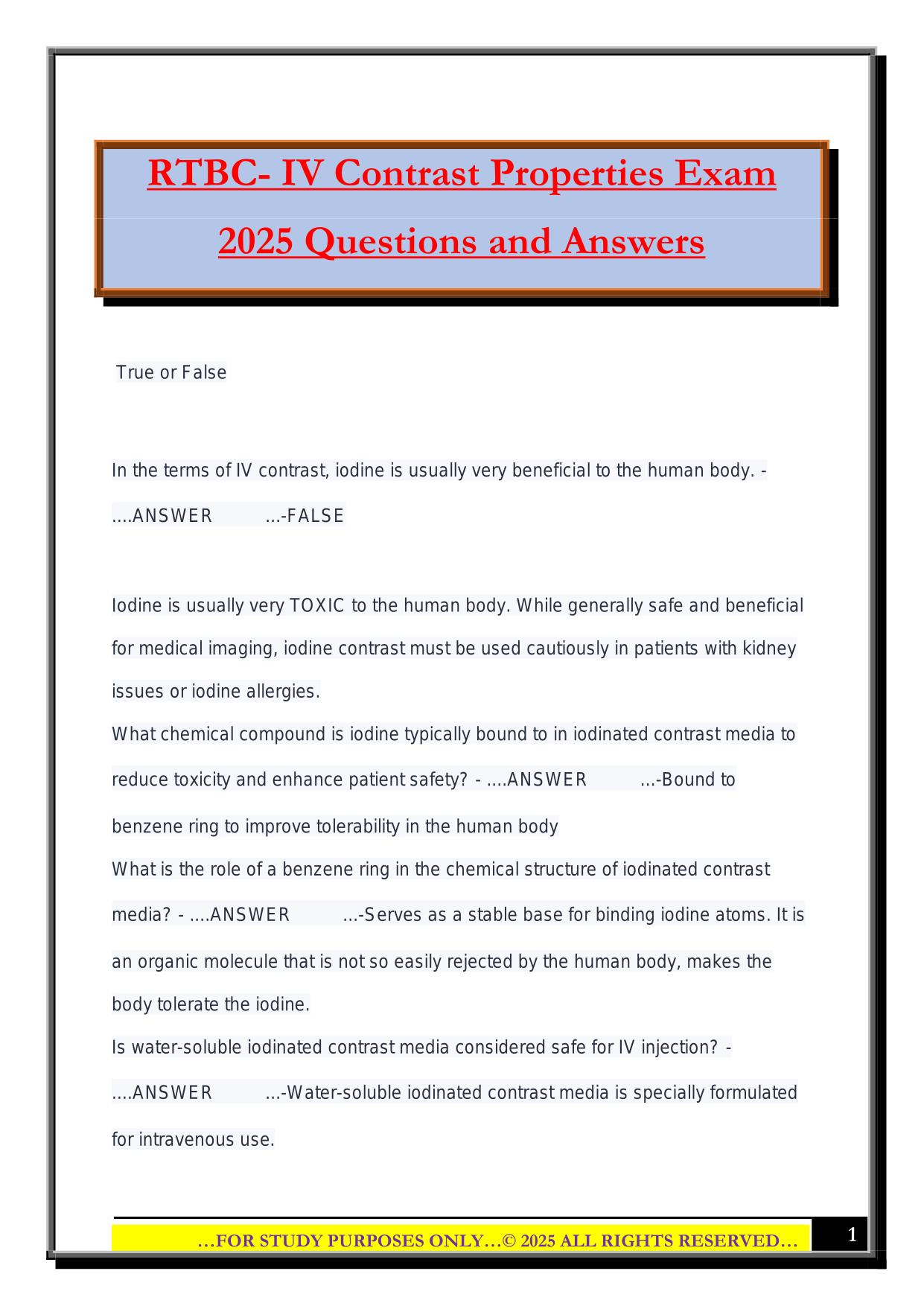 RTBC- IV Contrast Properties Exam 2025 Questions and Answers