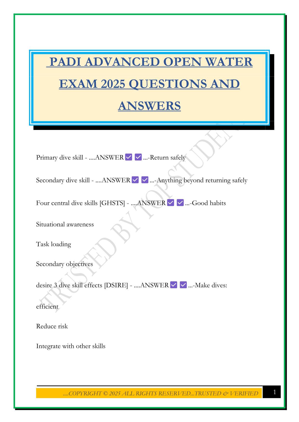PADI ADVANCED OPEN WATER EXAM 2025 QUESTIONS AND ANSWERS