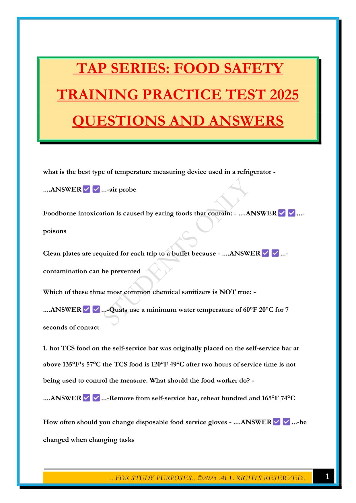 TAP SERIES: FOOD SAFETY TRAINING PRACTICE TEST 2025 QUESTIONS AND ANSWERS