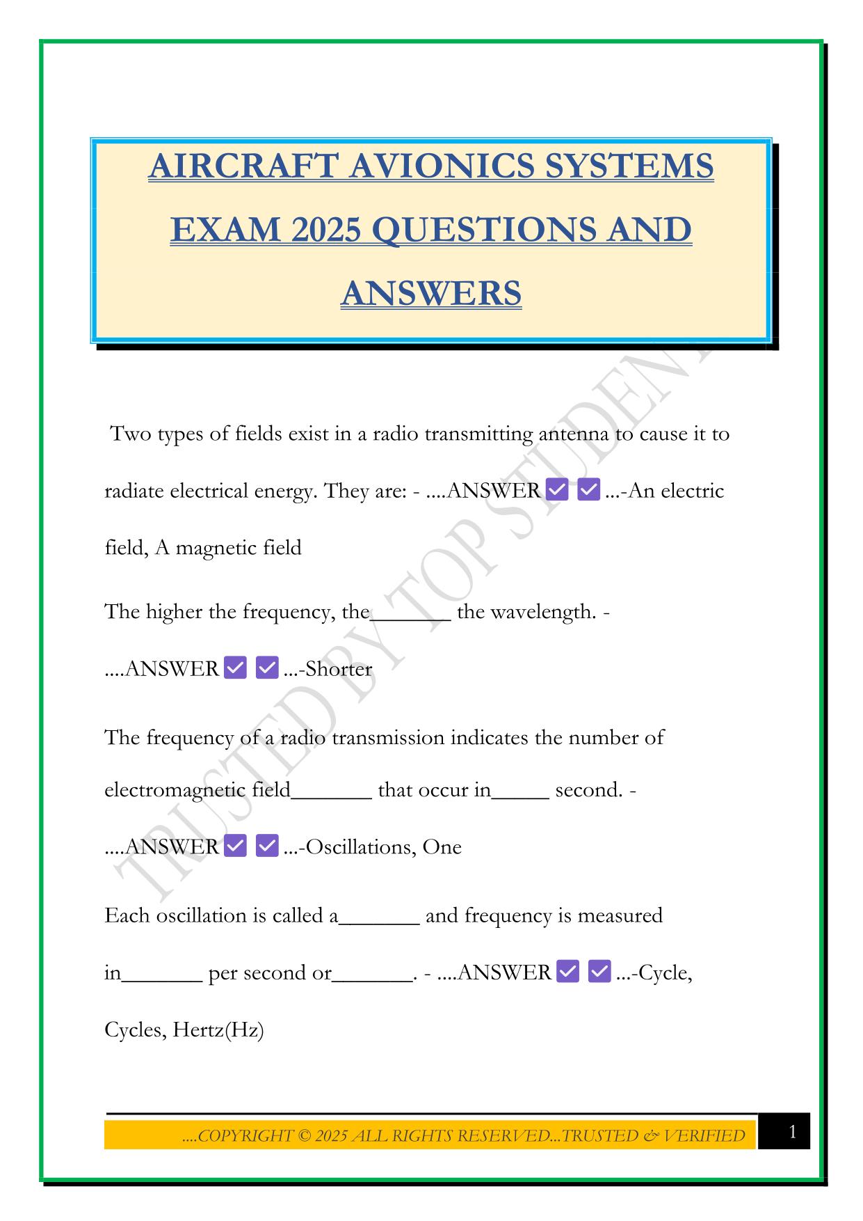 AIRCRAFT AVIONICS SYSTEMS EXAM 2025 QUESTIONS AND ANSWERS