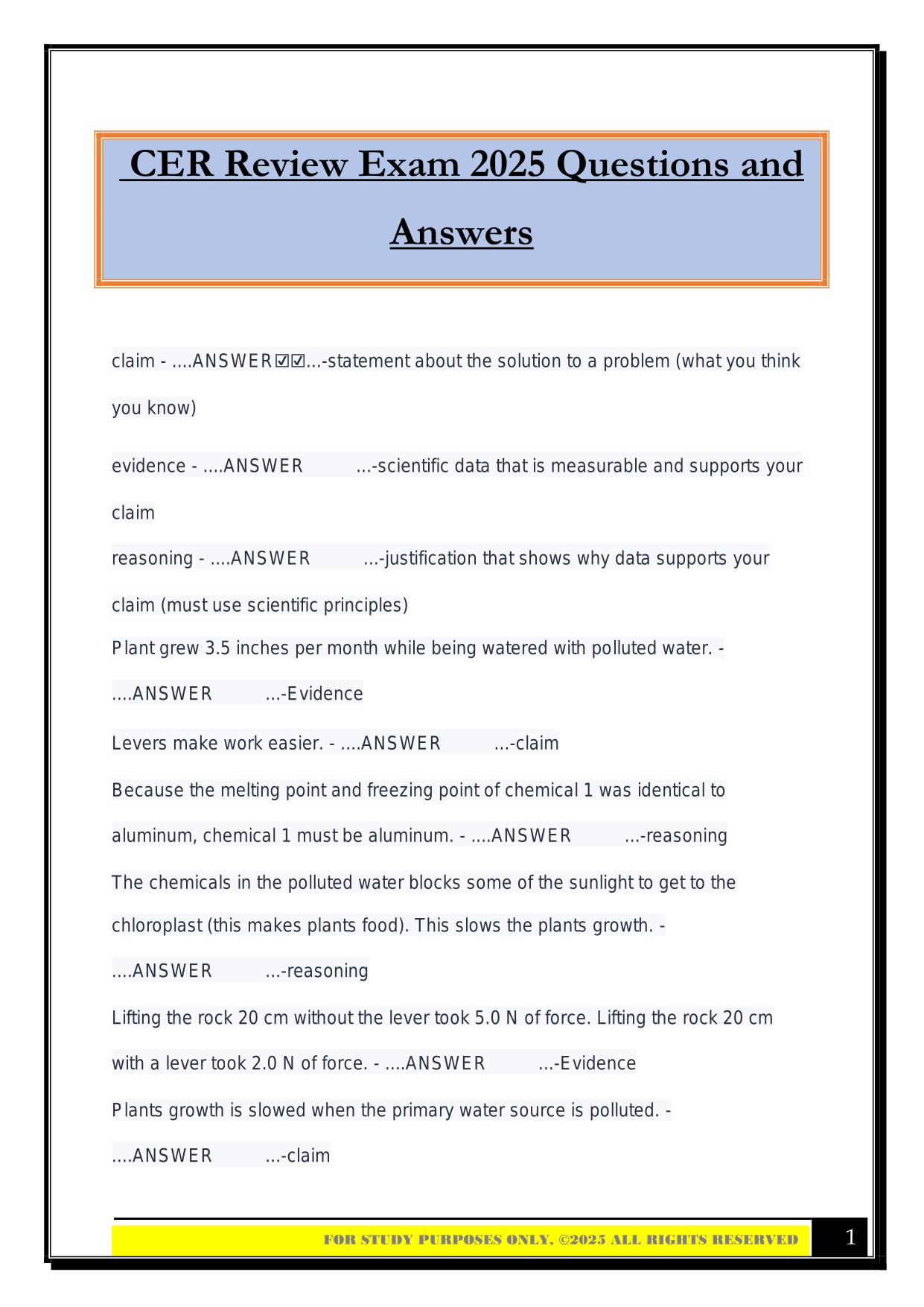 CER Review Exam 2025 Questions and Answers