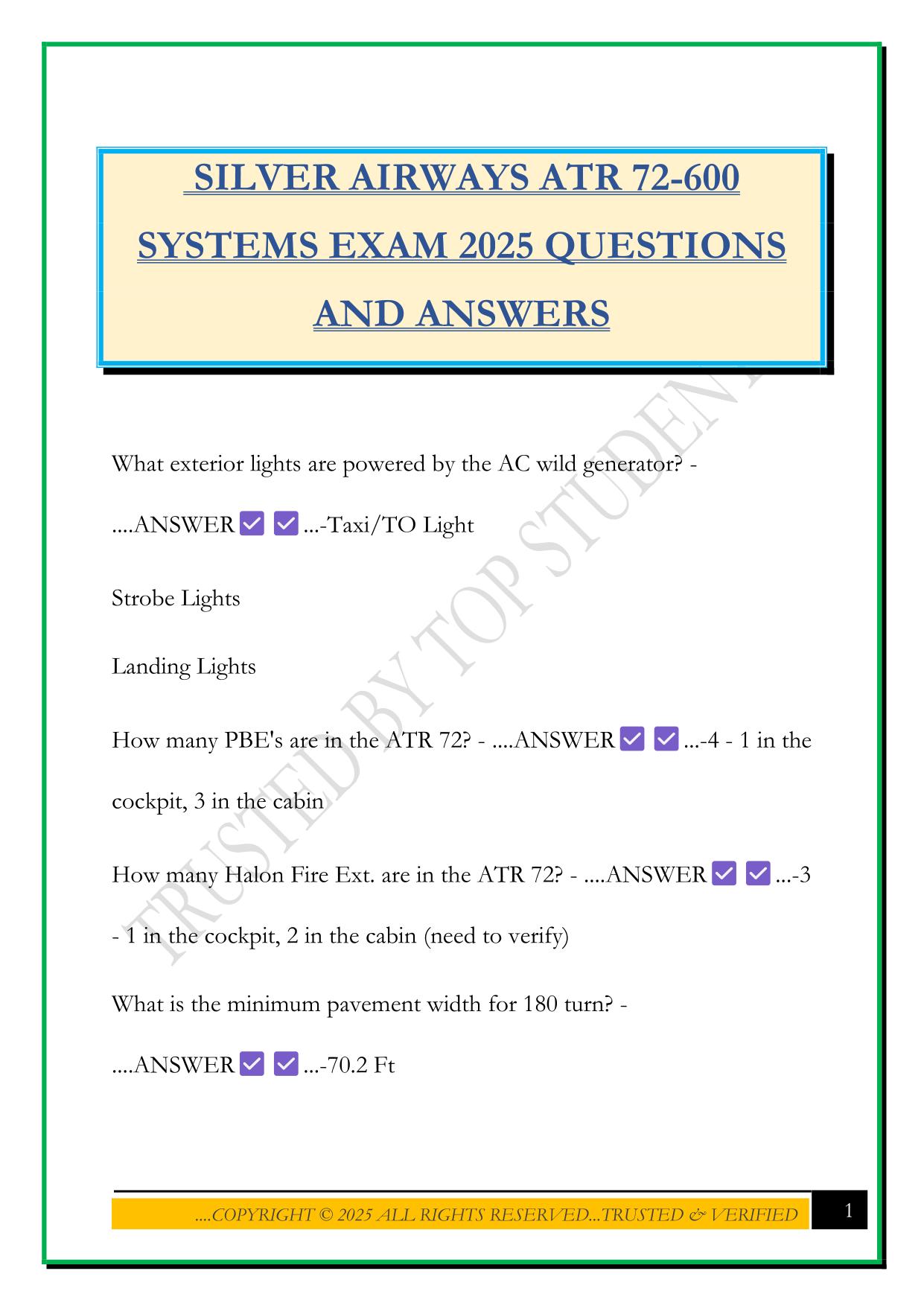 SILVER AIRWAYS ATR 72-600 SYSTEMS EXAM 2025 QUESTIONS AND ANSWERS