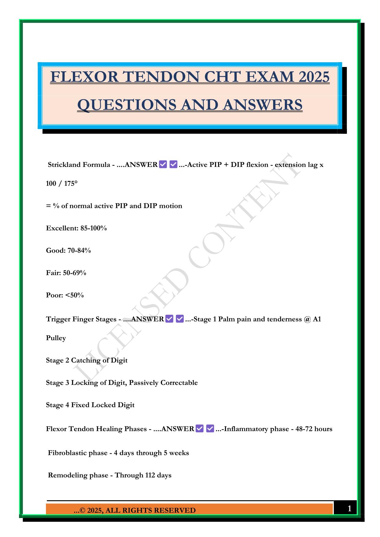 FLEXOR TENDON CHT EXAM 2025 QUESTIONS AND ANSWERS