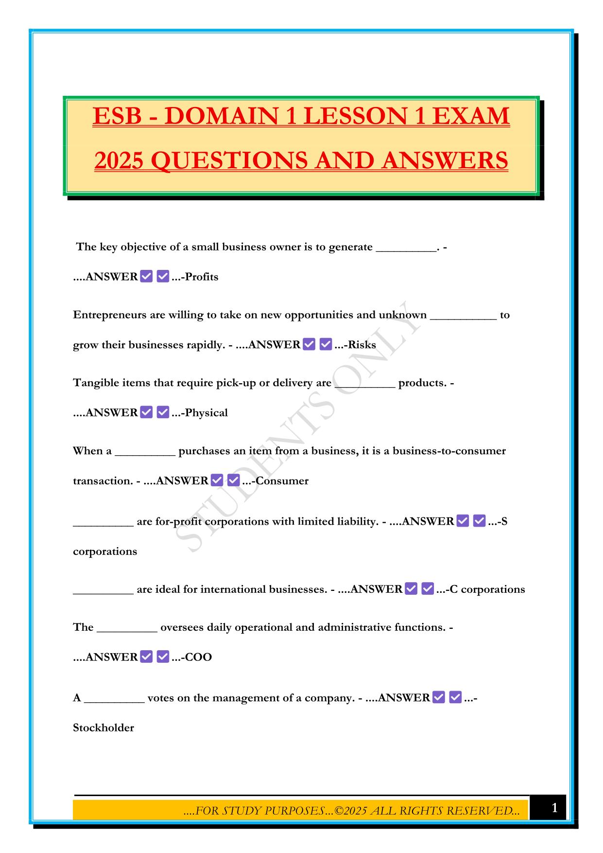 ESB - DOMAIN 1 LESSON 1 EXAM 2025 QUESTIONS AND ANSWERS
