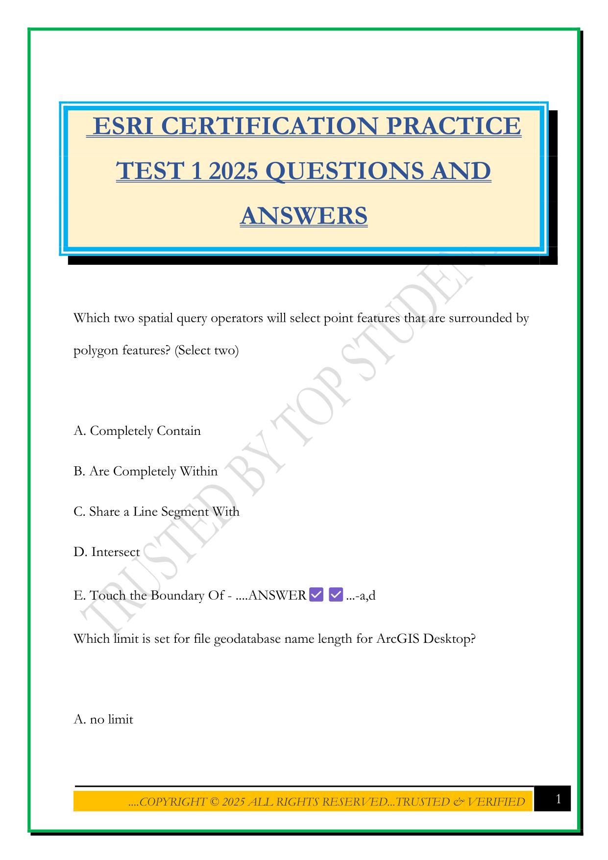 ESRI CERTIFICATION PRACTICE TEST 1 2025 QUESTIONS AND ANSWERS