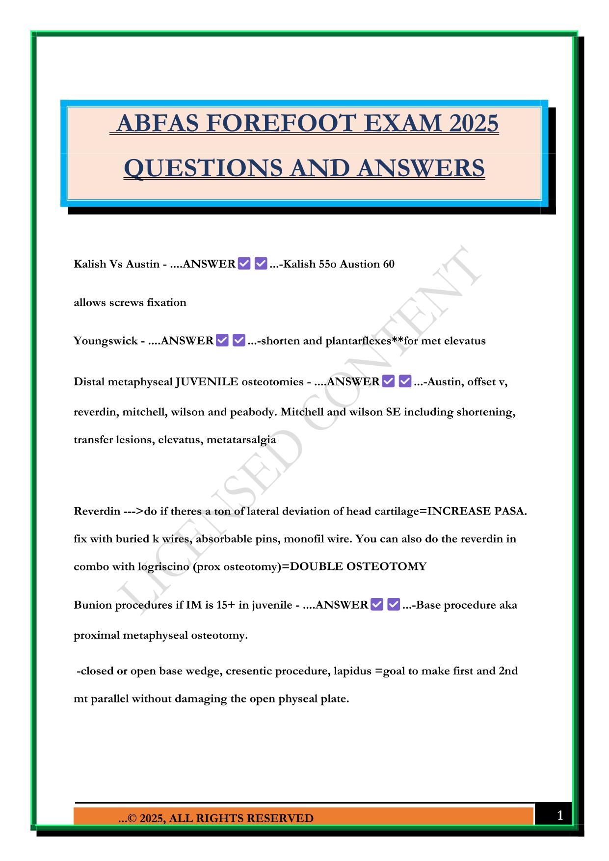 ABFAS FOREFOOT EXAM 2025 QUESTIONS AND ANSWERS