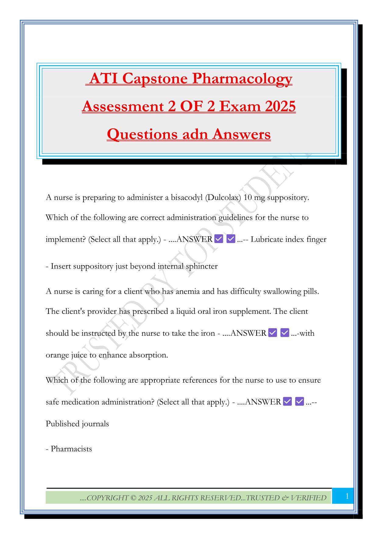 ATI Capstone Pharmacology Assessment 2 OF 2 Exam 2025 Questions adn Answers