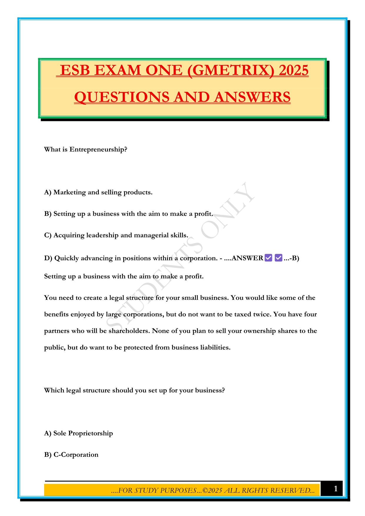 ESB EXAM ONE (GMETRIX) 2025 QUESTIONS AND ANSWERS