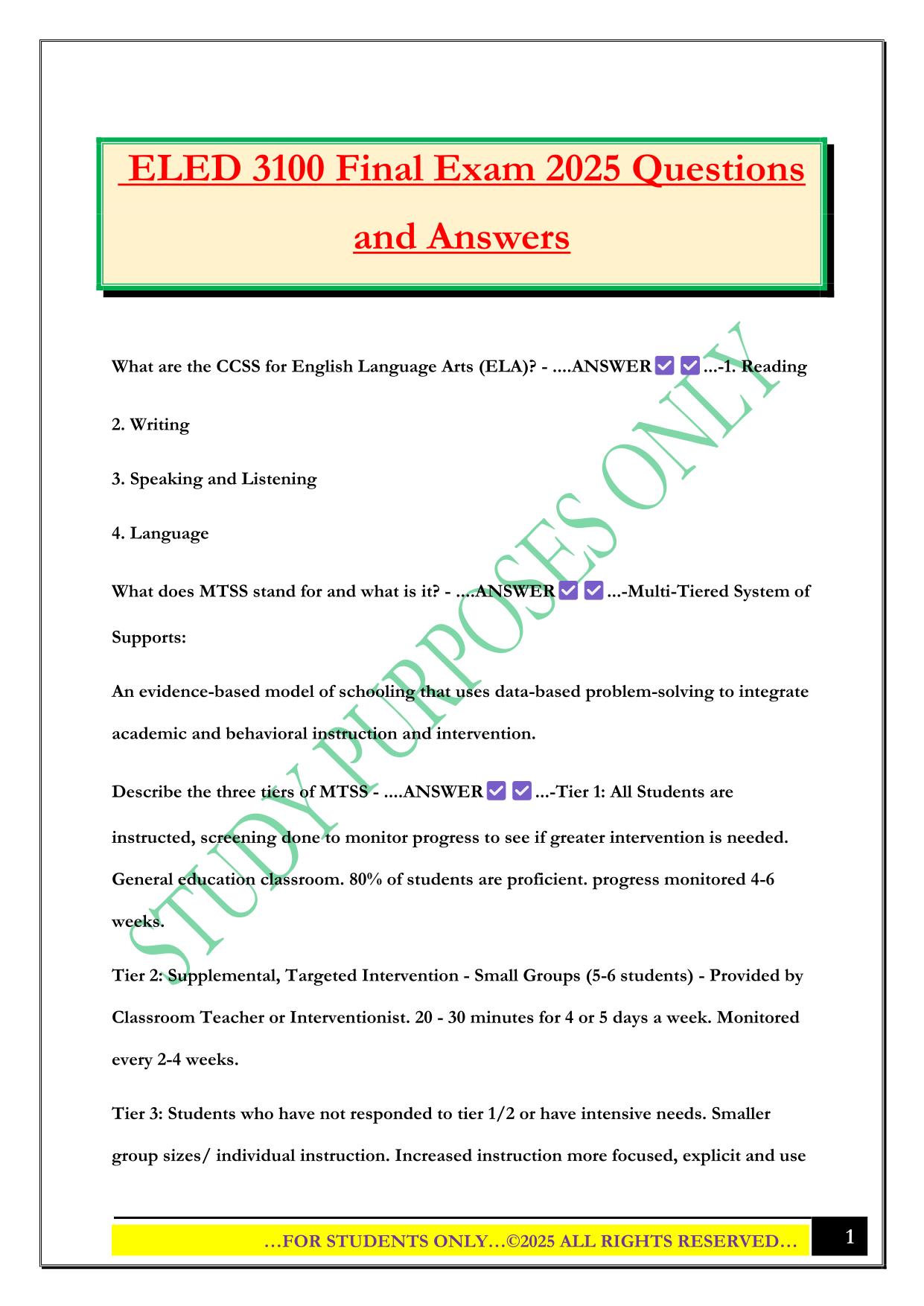 ELED 3100 Final Exam 2025 Questions and Answers