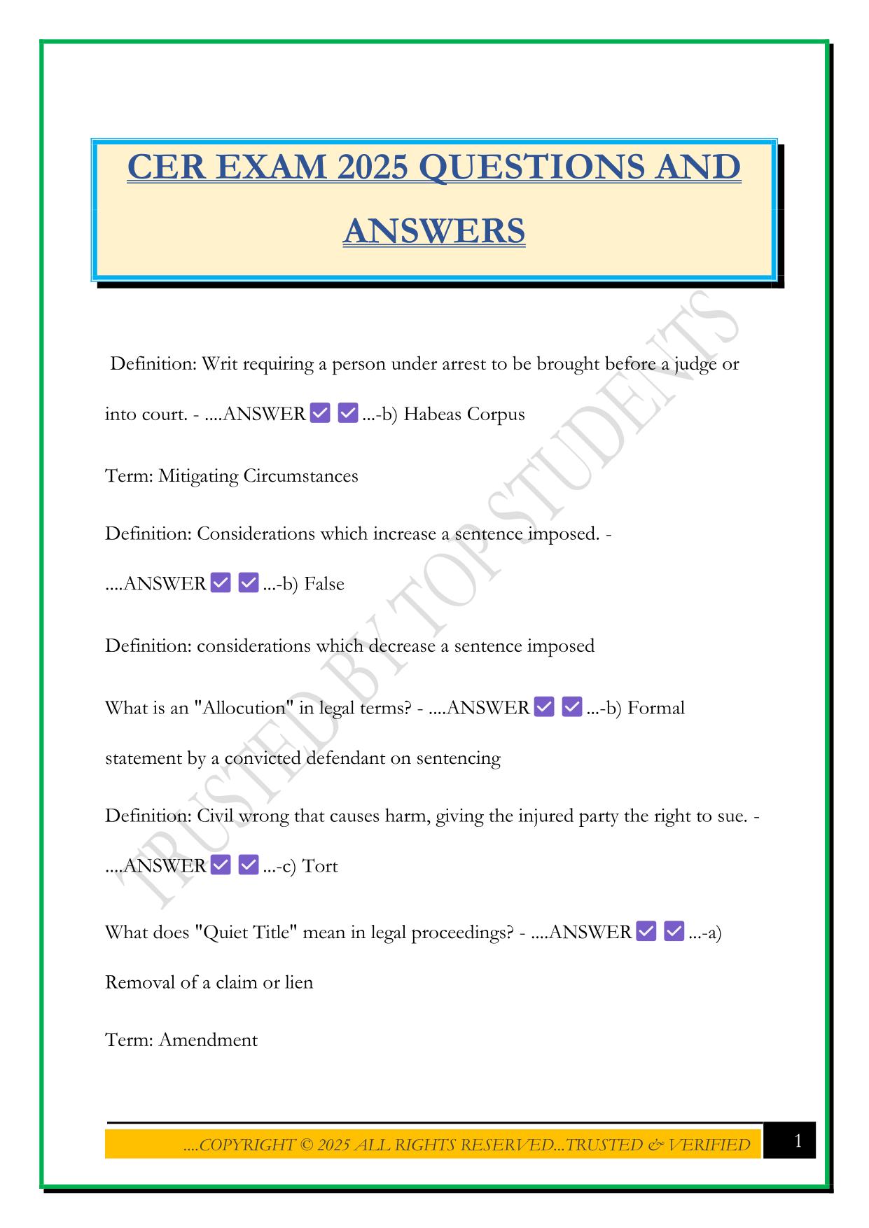 CER EXAM 2025 QUESTIONS AND ANSWERS