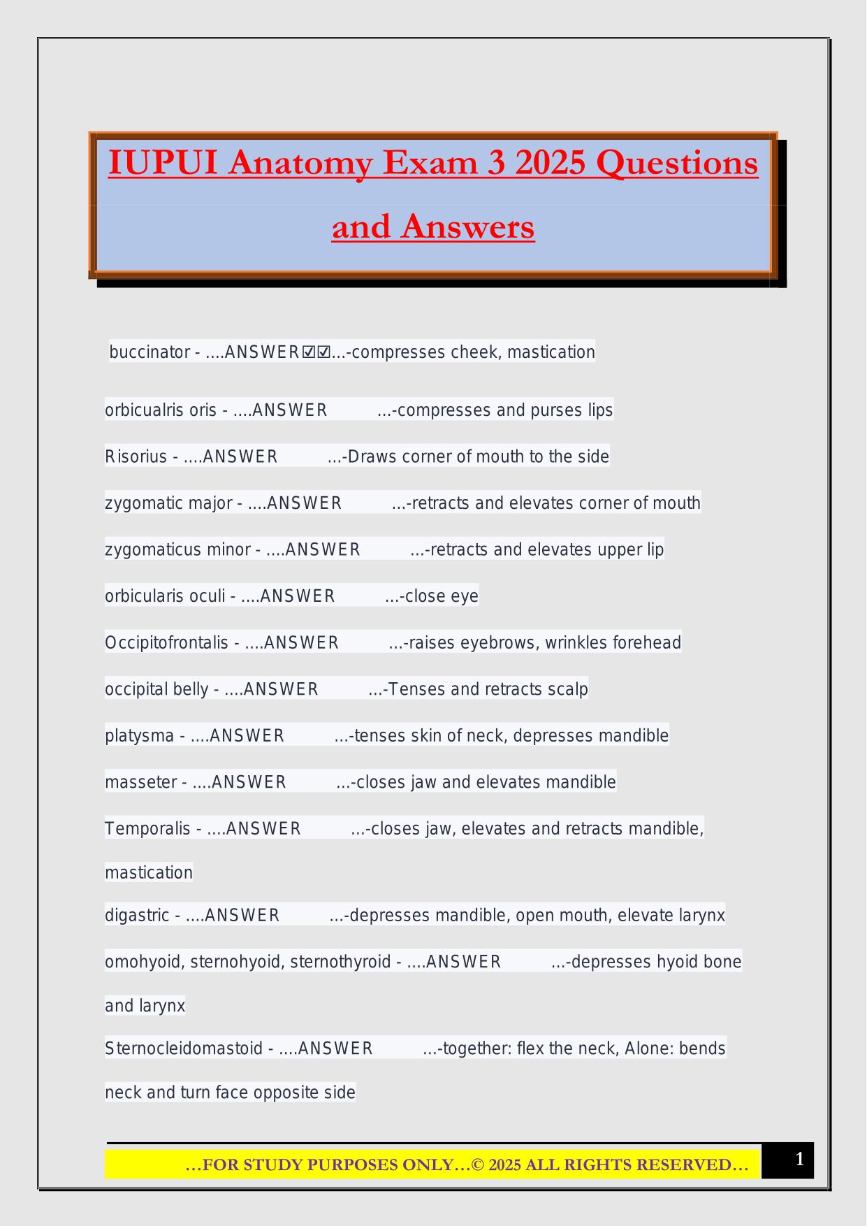 IUPUI Anatomy Exam 3 2025 Questions and Answers