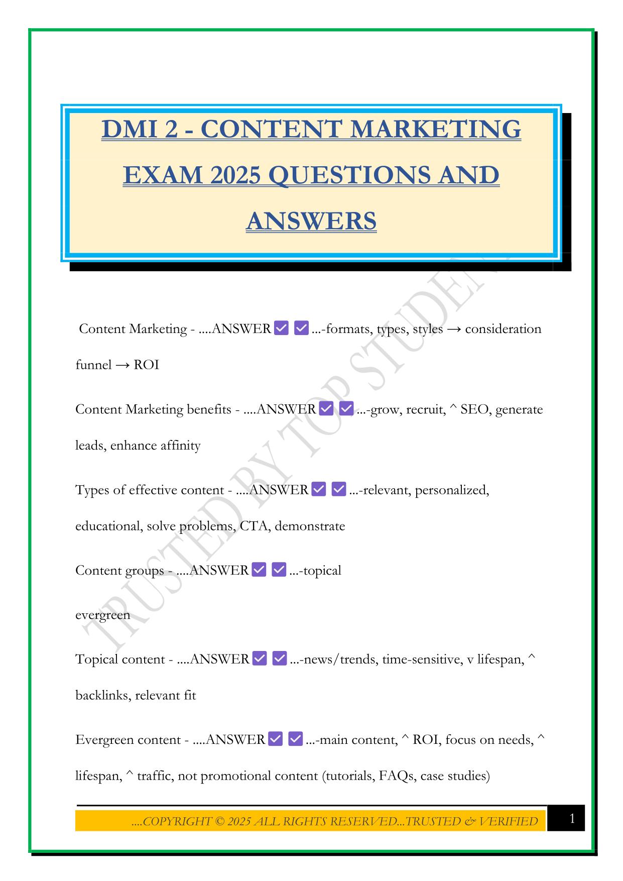 DMI 2 - CONTENT MARKETING EXAM 2025 QUESTIONS AND ANSWERS