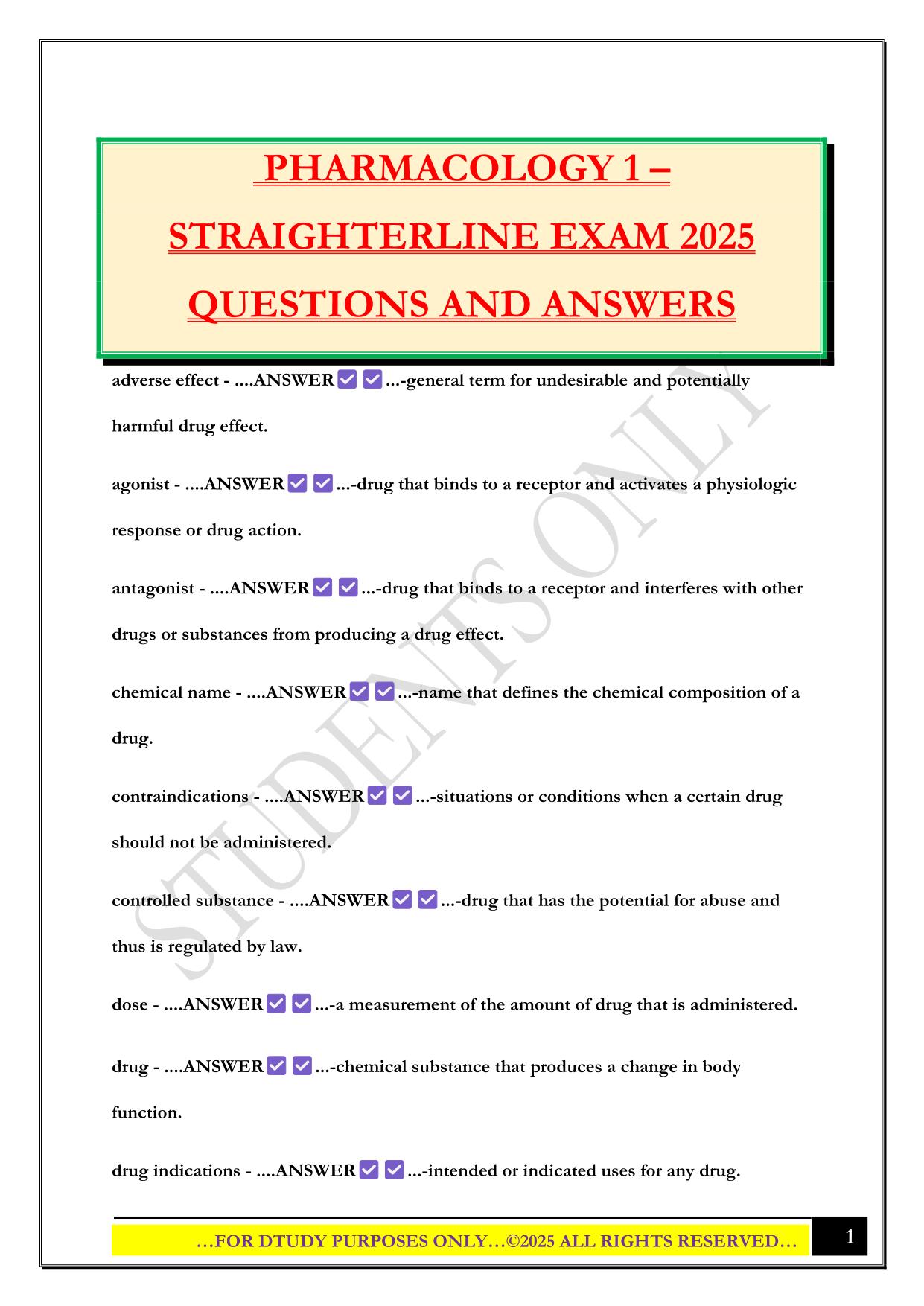 PHARMACOLOGY 1 – STRAIGHTERLINE EXAM 2025 QUESTIONS AND ANSWERS