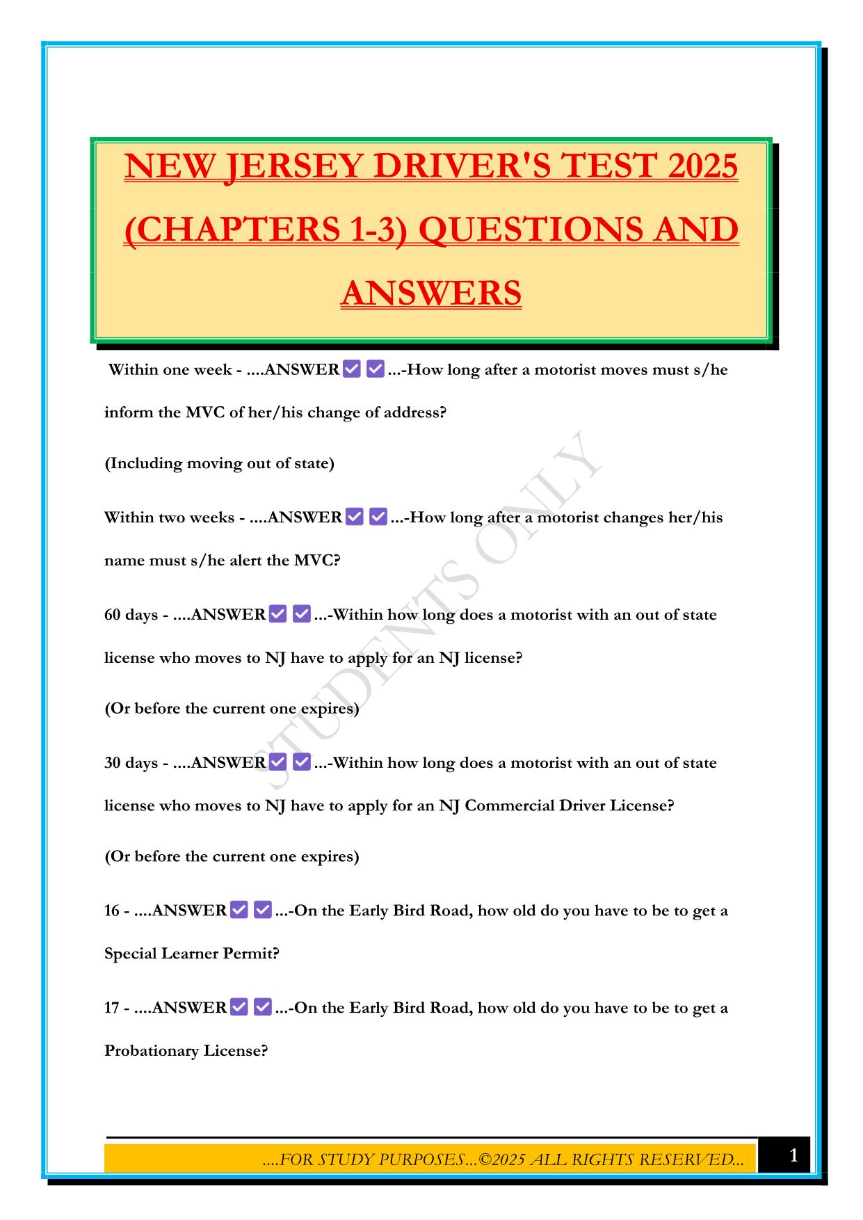 NEW JERSEY DRIVER'S TEST 2025 (CHAPTERS 1-3) QUESTIONS AND ANSWERS