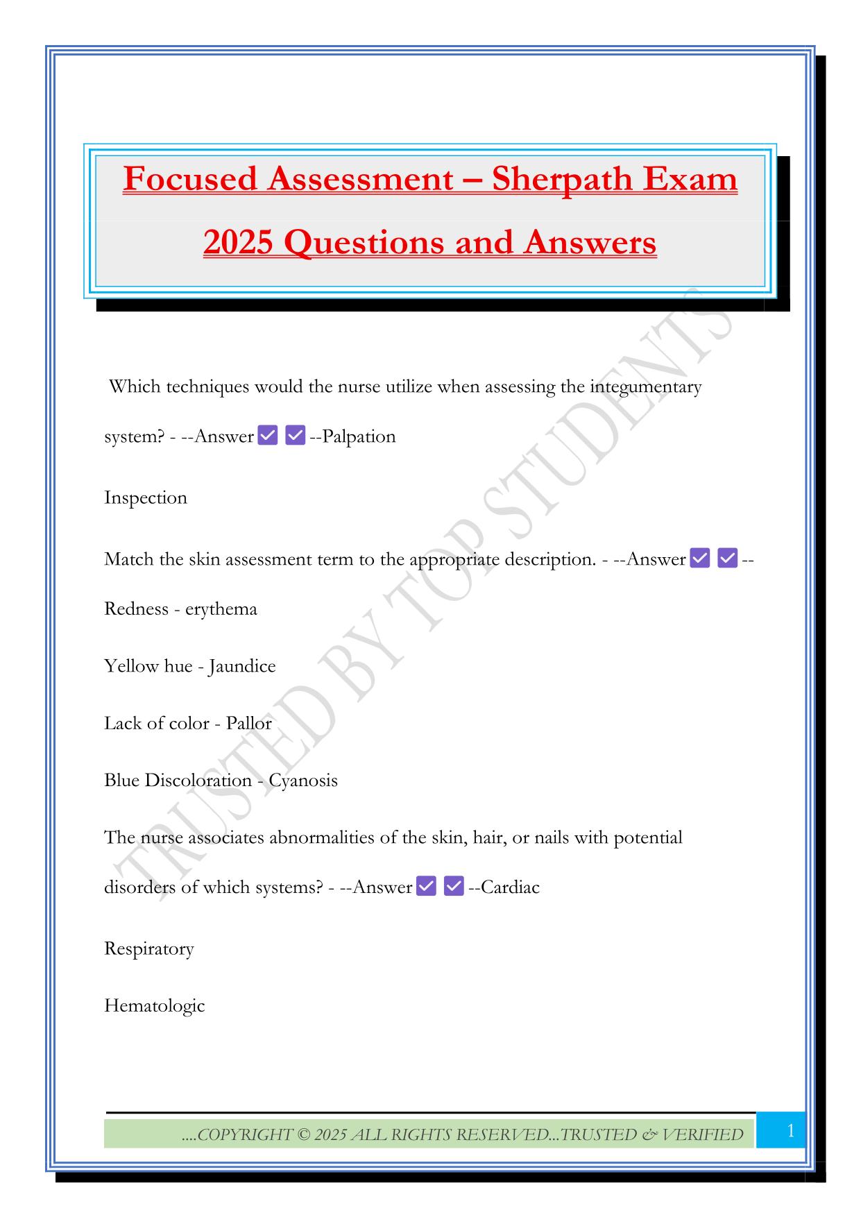Focused Assessment – Sherpath Exam 2025 Questions and Answers
