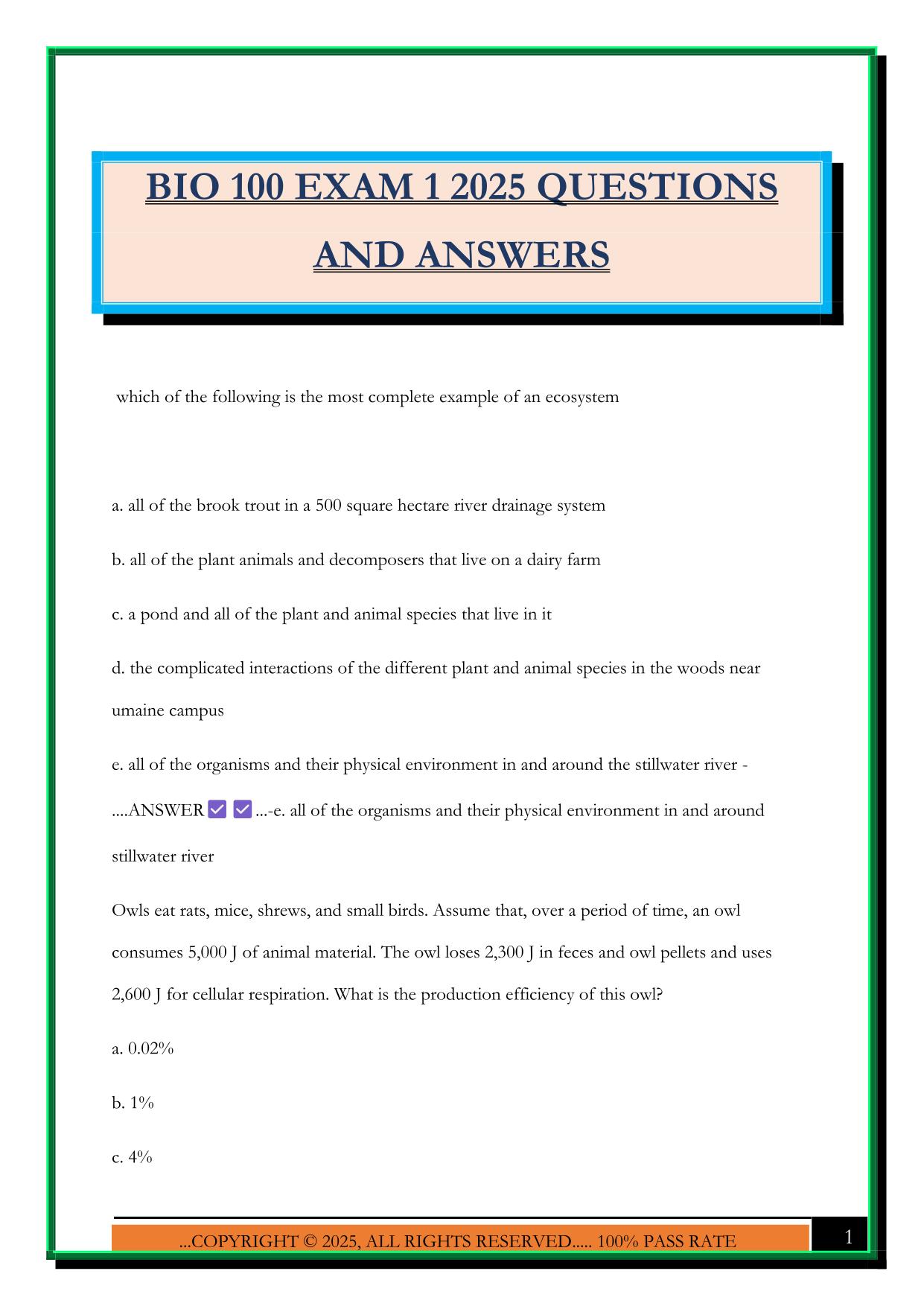 BIO 100 EXAM 1 2025 QUESTIONS AND ANSWERS