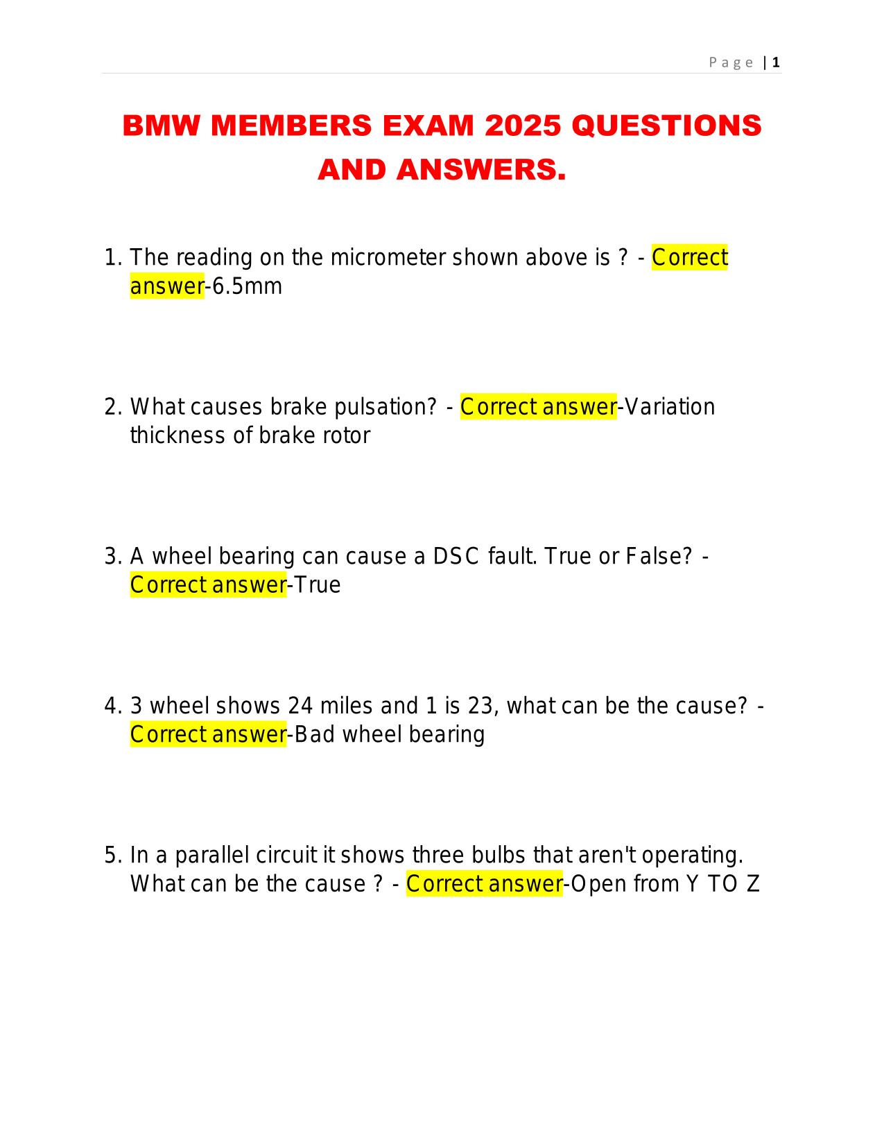 BMW MEMBERS EXAM 2025 QUESTIONS AND ANSWERS
