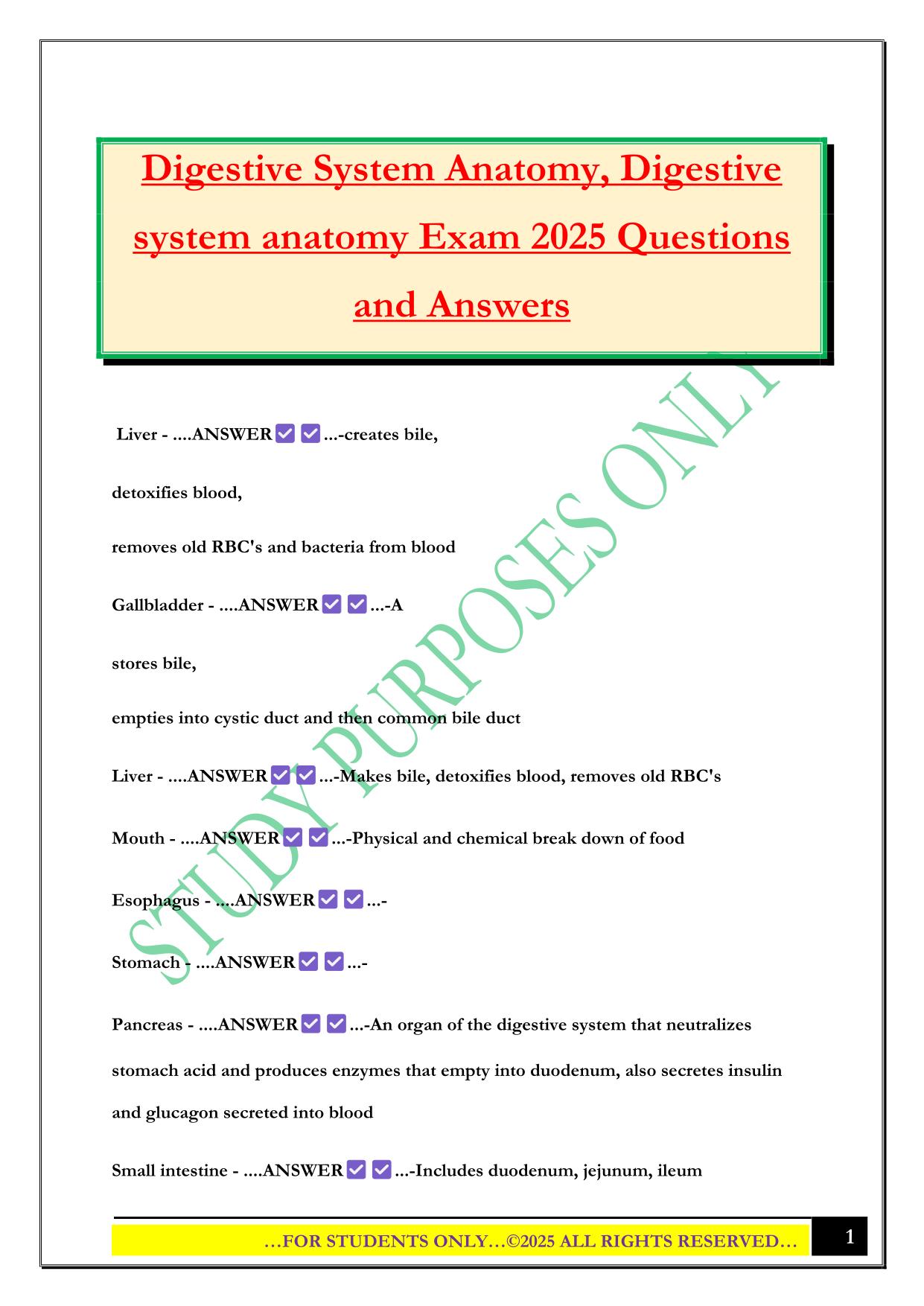 Digestive System Anatomy, Digestive system anatomy Exam 2025 Questions and Answers