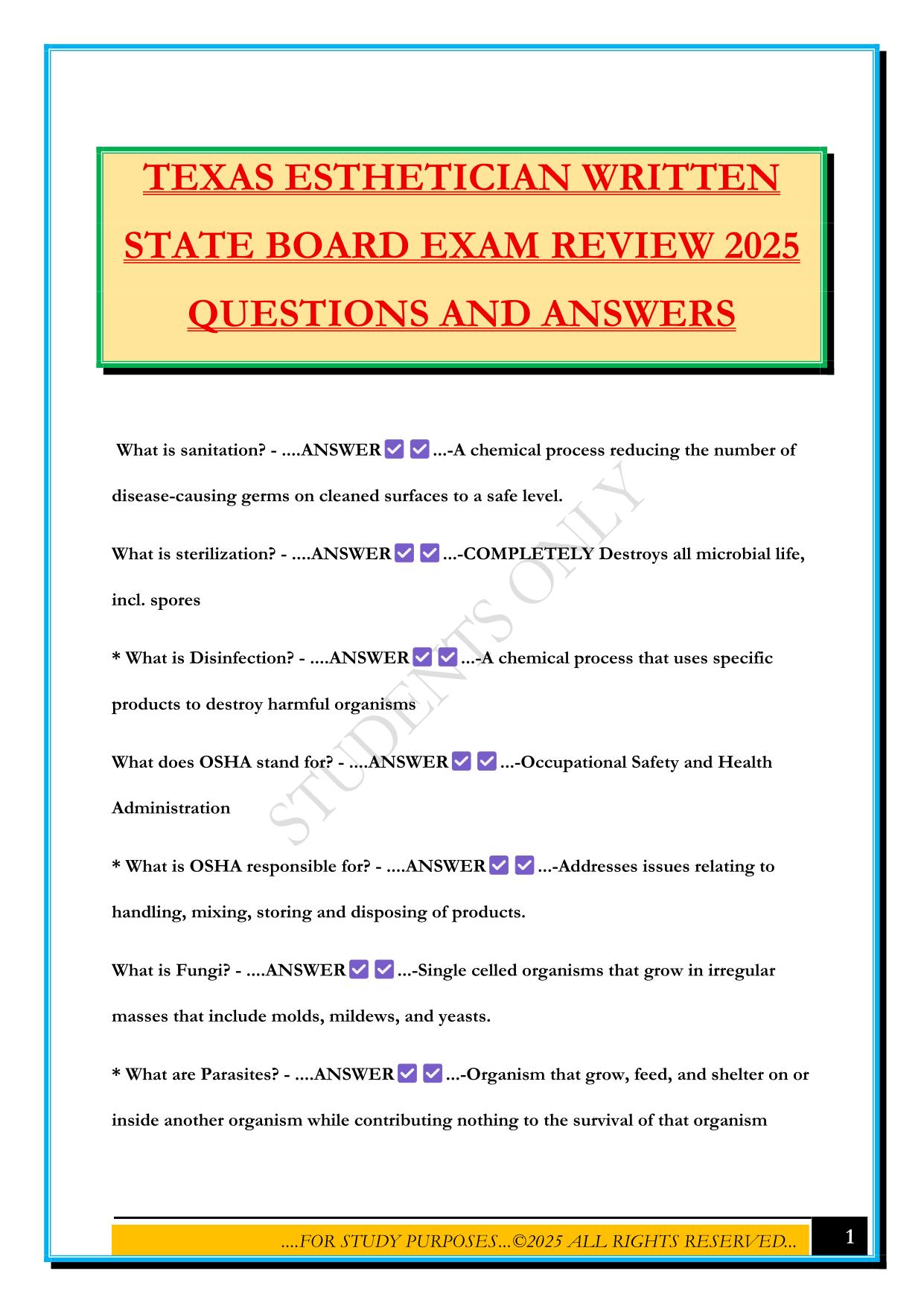 TEXAS ESTHETICIAN WRITTEN STATE BOARD EXAM REVIEW 2025 QUESTIONS AND ANSWERS