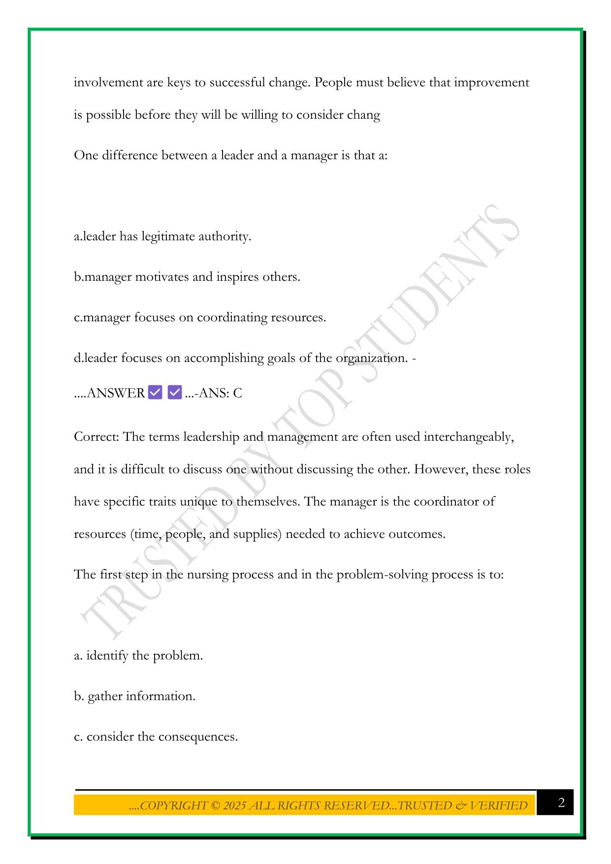 NURSING LEADERSHIP AND MANAGEMENT CH.2 EXAM 2025 QUESTIONS AND ANSWERS