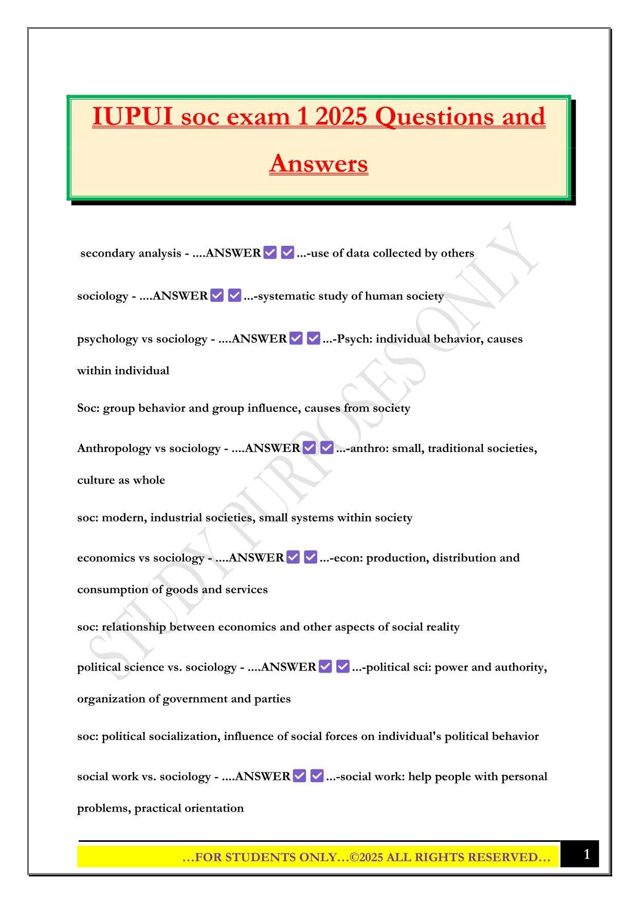 IUPUI soc exam 1 2025 Questions and Answers