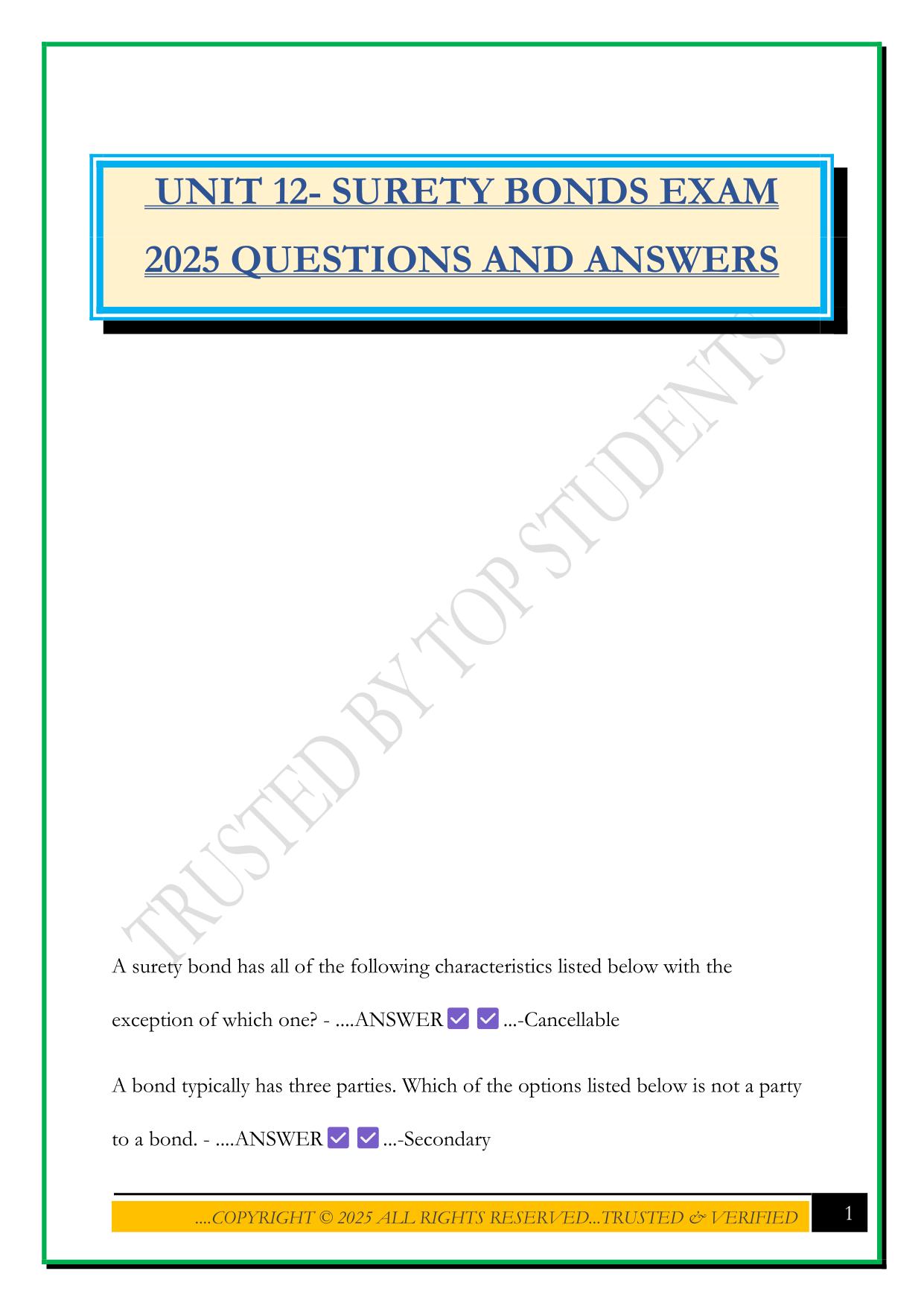 UNIT 12- SURETY BONDS EXAM 2025 QUESTIONS AND ANSWERS