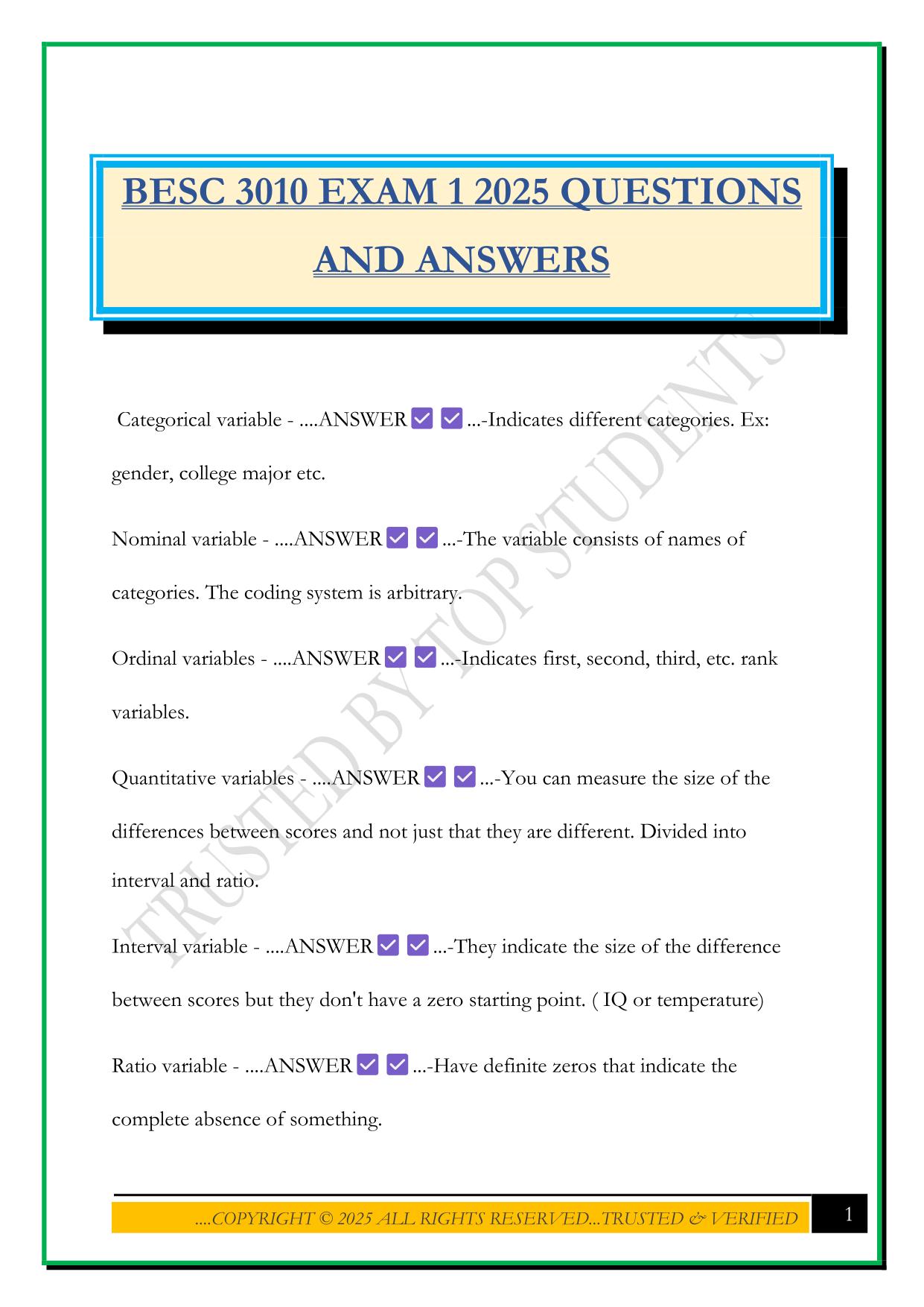 BESC 3010 EXAM 1 2025 QUESTIONS AND ANSWERS