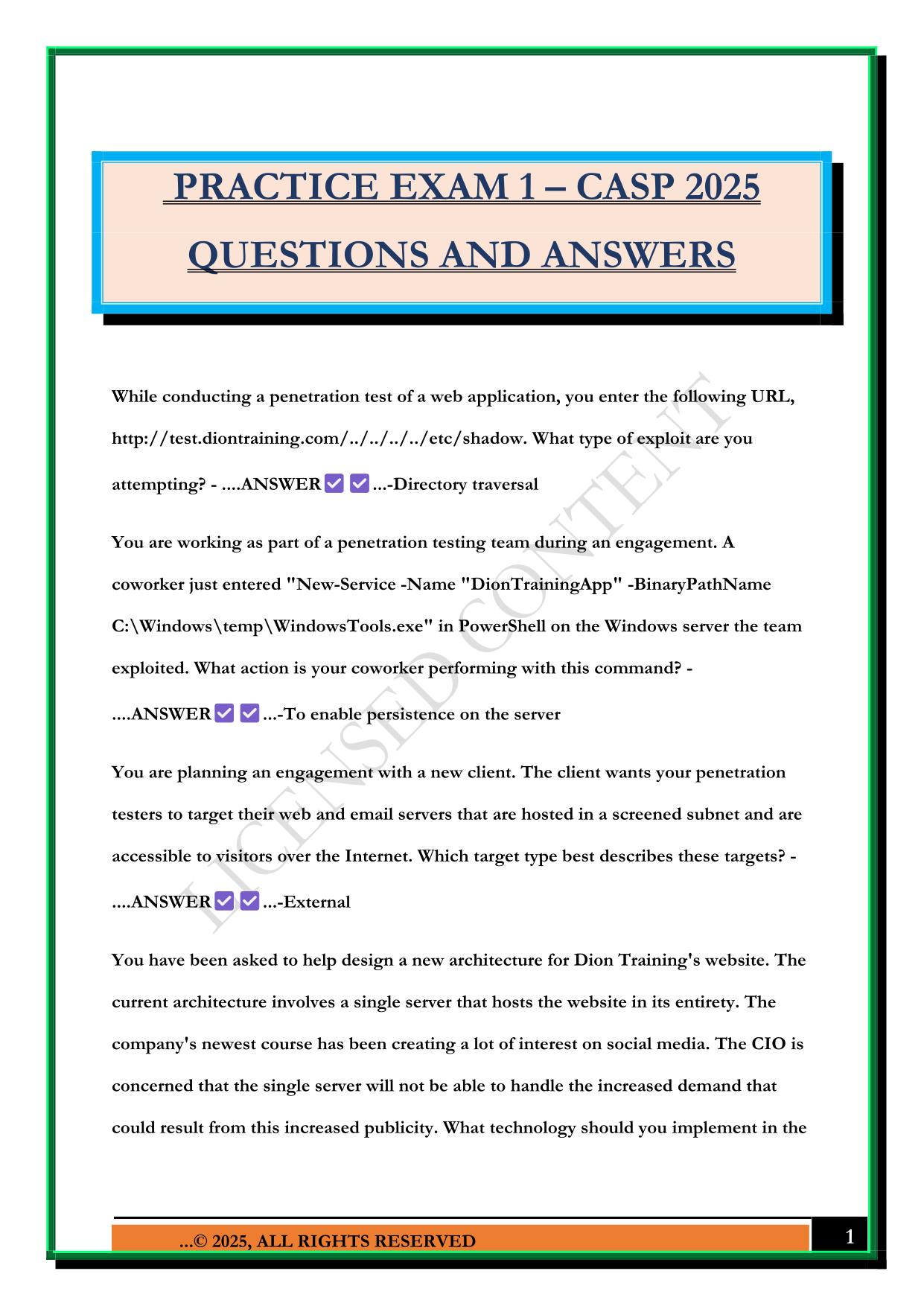 PRACTICE EXAM 1 – CASP 2025 QUESTIONS AND ANSWERS